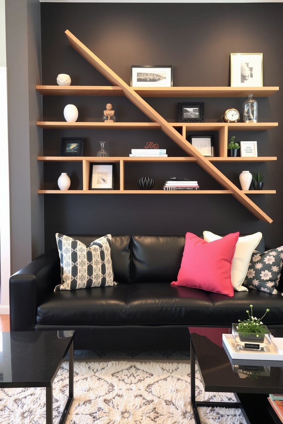 A stylish living room featuring a black couch as the focal point. The space is adorned with vintage decor elements such as an ornate coffee table and retro wall art. Rich textures and warm tones create an inviting atmosphere. A mix of patterned throw pillows and an antique rug enhance the character of the room.