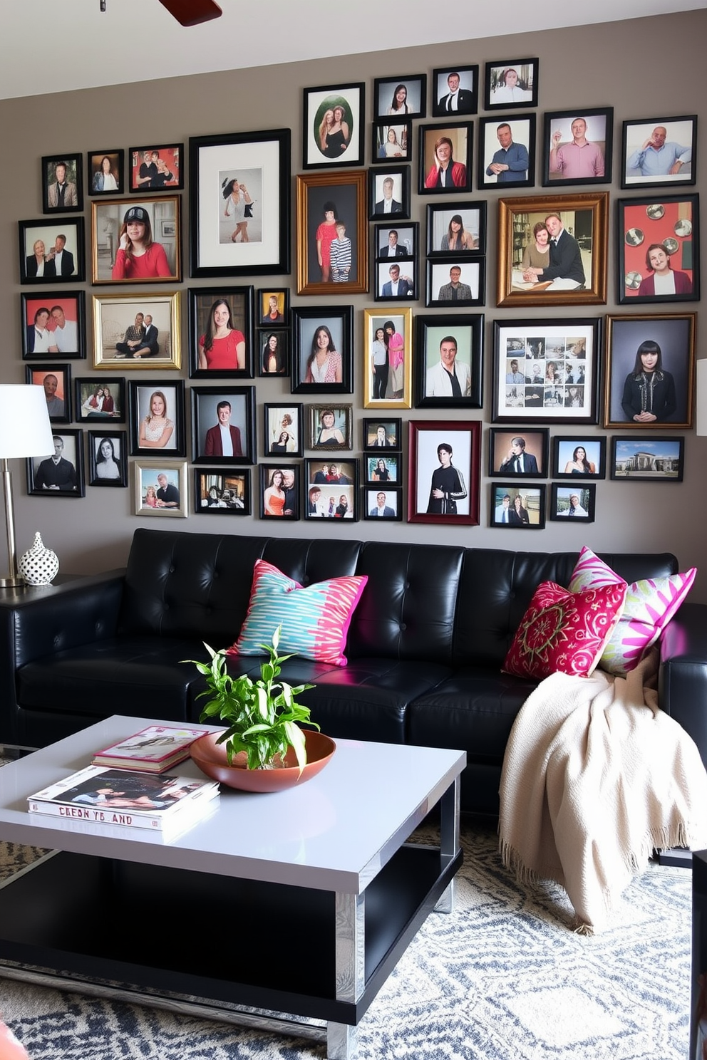 A spacious living room featuring large mirrors that create an illusion of depth and openness. The focal point is a sleek black couch adorned with colorful throw pillows, complemented by a stylish coffee table in the center. Natural light floods the room through expansive windows, reflecting off the mirrors and enhancing the airy atmosphere. A plush area rug anchors the seating arrangement, while modern artwork adorns the walls, adding a touch of sophistication.