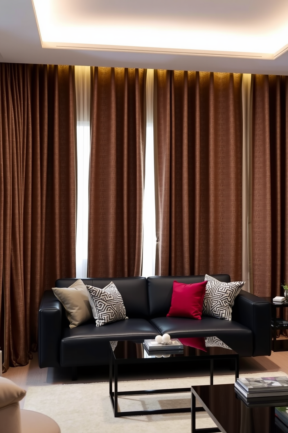 A cozy living room featuring textured curtains that drape elegantly from the ceiling to the floor. The curtains add a layer of softness and warmth to the space, complementing the sleek lines of a modern black couch. The black couch serves as a striking focal point in the room, inviting relaxation and comfort. Surrounding it are carefully curated accent pillows and a stylish coffee table that enhance the overall aesthetic.