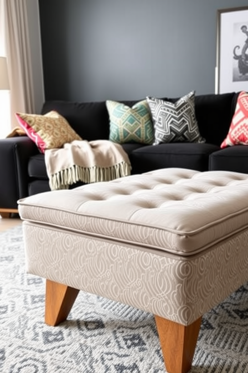 A stylish ottoman for extra seating in a modern living room. The ottoman is upholstered in a soft fabric with a geometric pattern and features elegant wooden legs. The black couch serves as the centerpiece of the room. It is adorned with colorful throw pillows that add a pop of color and contrast to the overall design.