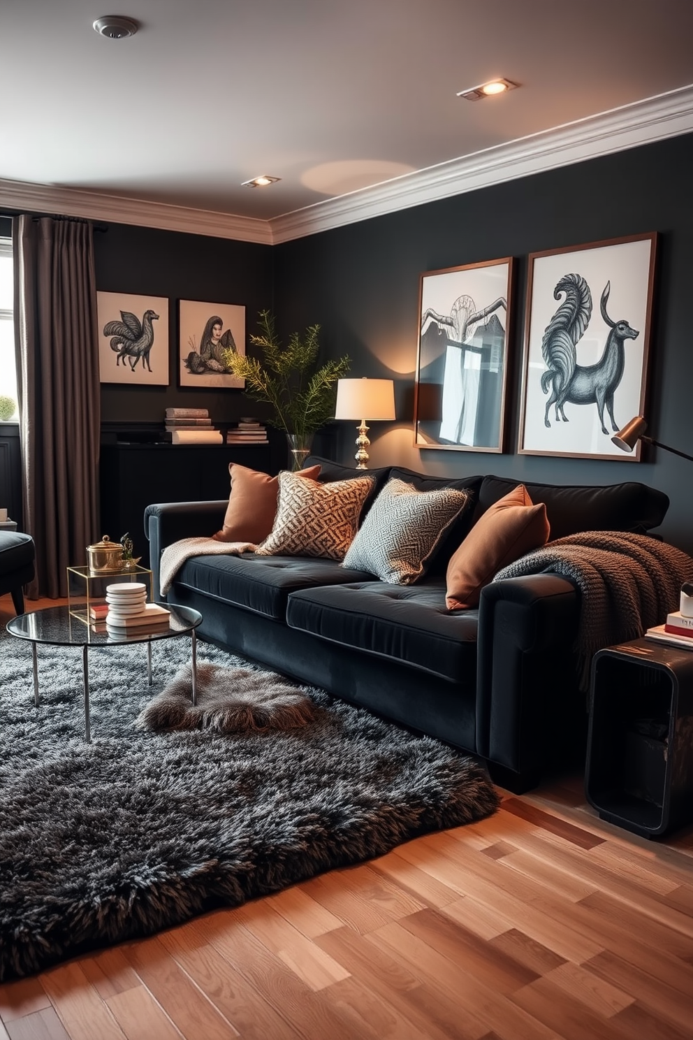 A stylish living room featuring a black couch adorned with layered textures and cozy throws. The space is enhanced with warm lighting and a plush area rug that adds comfort to the overall design.