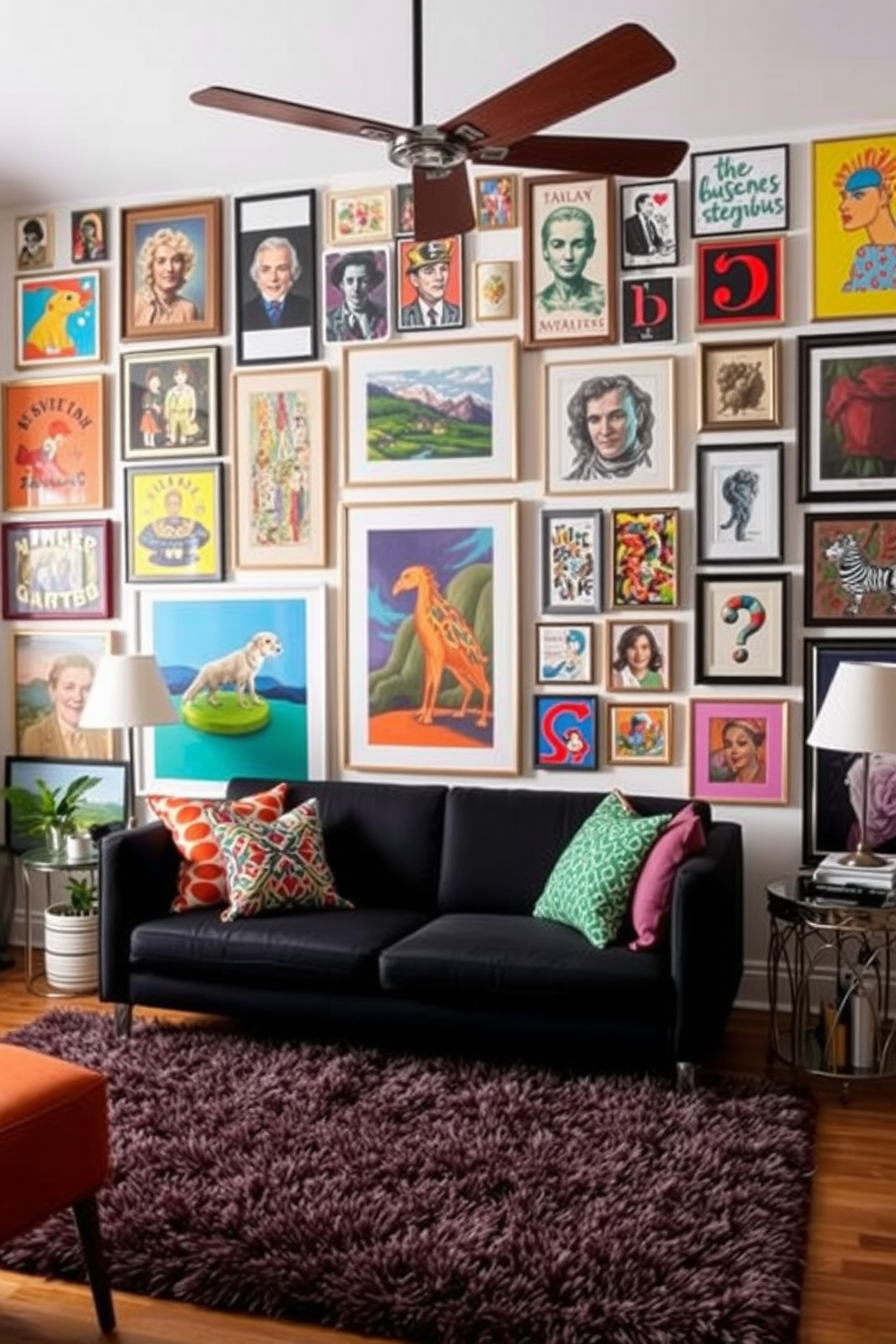 A vibrant living room filled with colorful artwork that adds energy to the space. The walls are adorned with a mix of framed paintings and prints in various styles, creating a gallery-like atmosphere. In the center of the room, a sleek black couch serves as a stylish focal point. It is complemented by a variety of colorful throw pillows and a plush area rug that ties the room together.