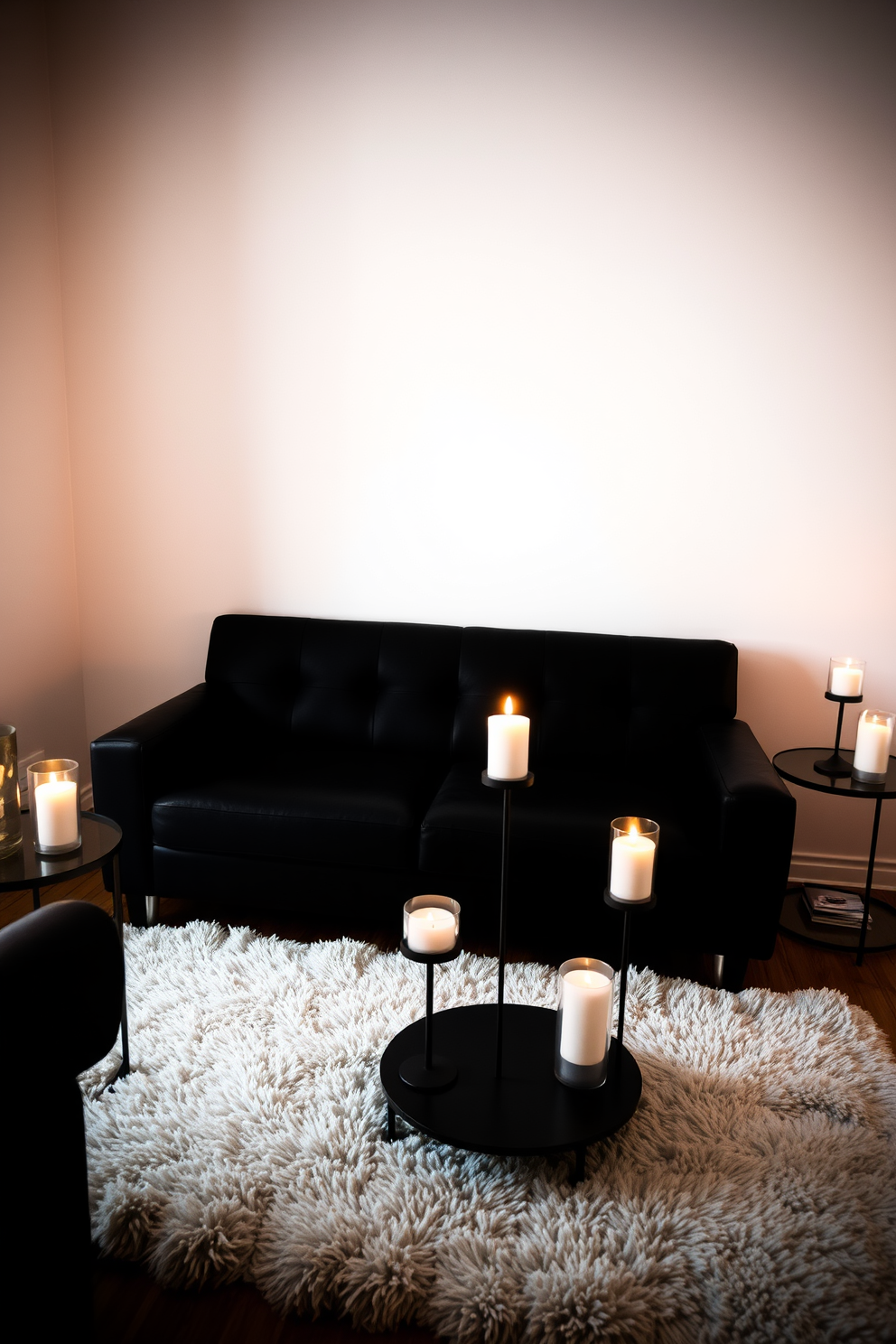 A cozy living room featuring a sleek black couch that serves as the focal point of the space. Surrounding the couch are elegant candle holders placed on side tables, casting a warm and inviting glow throughout the room. The walls are adorned with soft, neutral tones that complement the dark couch. A plush area rug lies beneath the seating area, adding texture and comfort to the overall design.