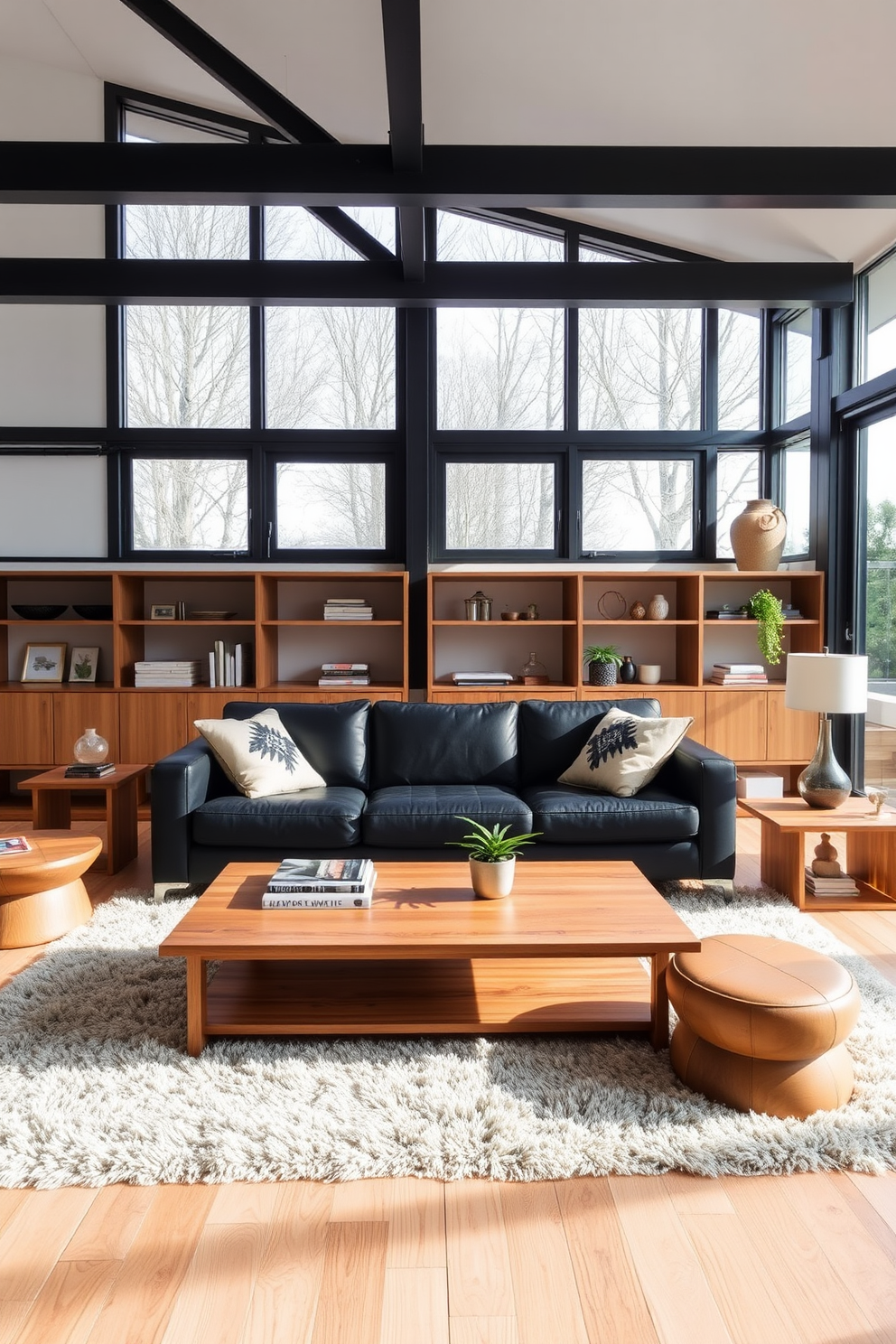 A stylish living room featuring a black couch that serves as the focal point of the space. Surrounding the couch are natural wood elements such as a coffee table, side tables, and shelving that add warmth and contrast to the sleek design. Large windows allow natural light to flood the room, enhancing the rich tones of the wood. Soft textiles like a plush area rug and decorative throw pillows in neutral shades create a cozy atmosphere.