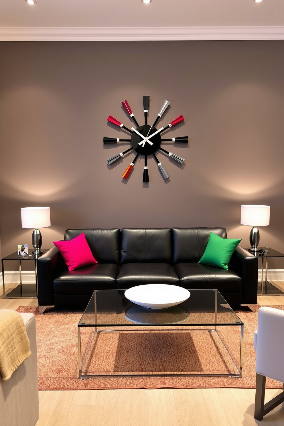 A striking statement clock takes center stage on the wall, drawing attention with its unique design and bold colors. The surrounding space features a sleek black couch, complemented by vibrant accent pillows that add a pop of color and comfort. The living room is designed with a modern aesthetic, showcasing a minimalist coffee table that enhances the uncluttered look. Soft lighting from stylish lamps creates a warm and inviting atmosphere, perfect for relaxation and entertaining.