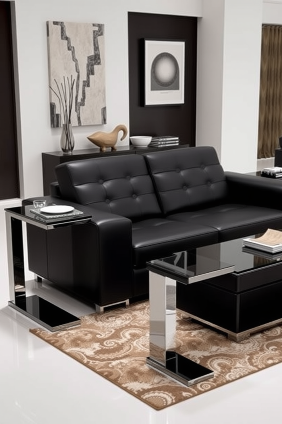 A functional ottoman serves as extra seating in a stylish living room. The black couch is complemented by vibrant throw pillows and a sleek coffee table in the center.