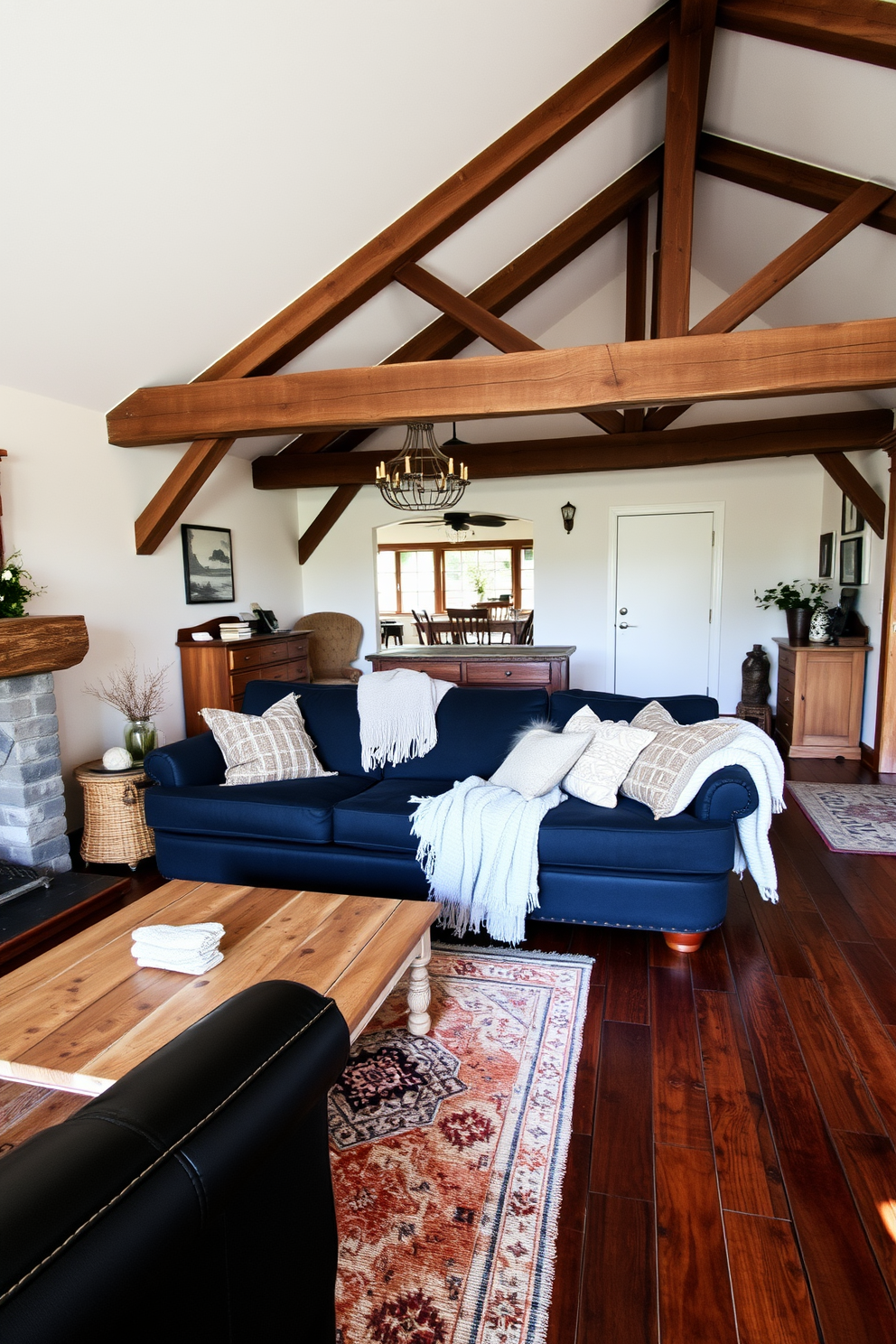 A modern living room featuring creative use of space with corner shelves that blend seamlessly into the room's design. The black couch serves as a bold centerpiece, complemented by stylish accent pillows and a sleek coffee table.