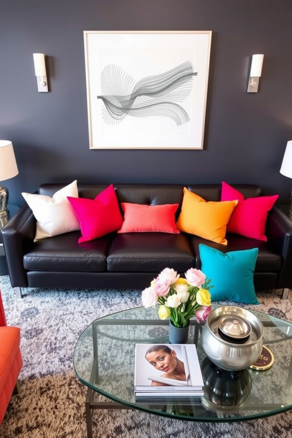 Bright accent pillows in vibrant colors are artfully arranged on a sleek black couch, creating a striking contrast that enhances the modern aesthetic of the living room. The surrounding decor features minimalist artwork and a stylish coffee table, all harmonizing to elevate the overall design.