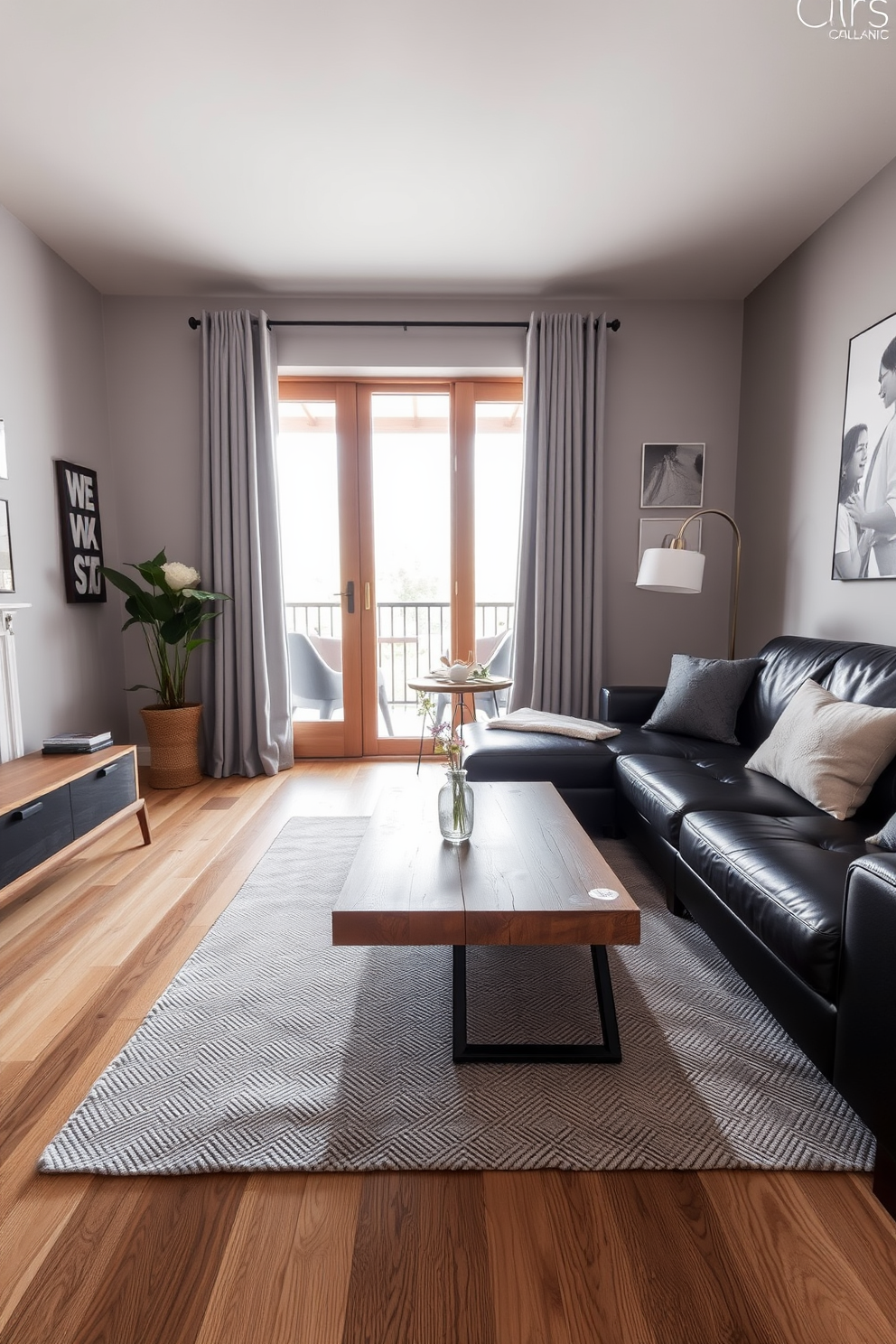 A stylish living room featuring a black couch as the focal point. The space is enhanced with a variety of patterned rugs and cushions that complement the modern decor. Bold geometric patterns on the cushions contrast with the intricate designs of the rugs. The overall aesthetic is a harmonious blend of textures and colors, creating an inviting atmosphere.