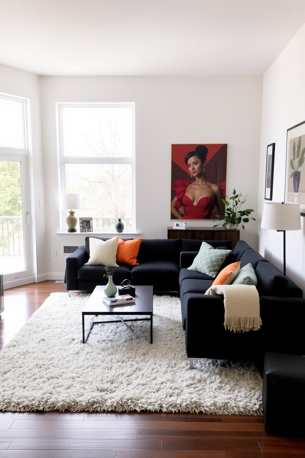 A modern living room features a sleek black couch with metallic accents that add a touch of sophistication. The walls are painted in a soft gray, and a geometric area rug anchors the space, providing contrast and warmth. In the background, a minimalist coffee table with a glass top sits atop the rug, complemented by stylish metallic decor pieces. Floor-to-ceiling windows allow natural light to flood the room, highlighting the elegant design elements throughout.