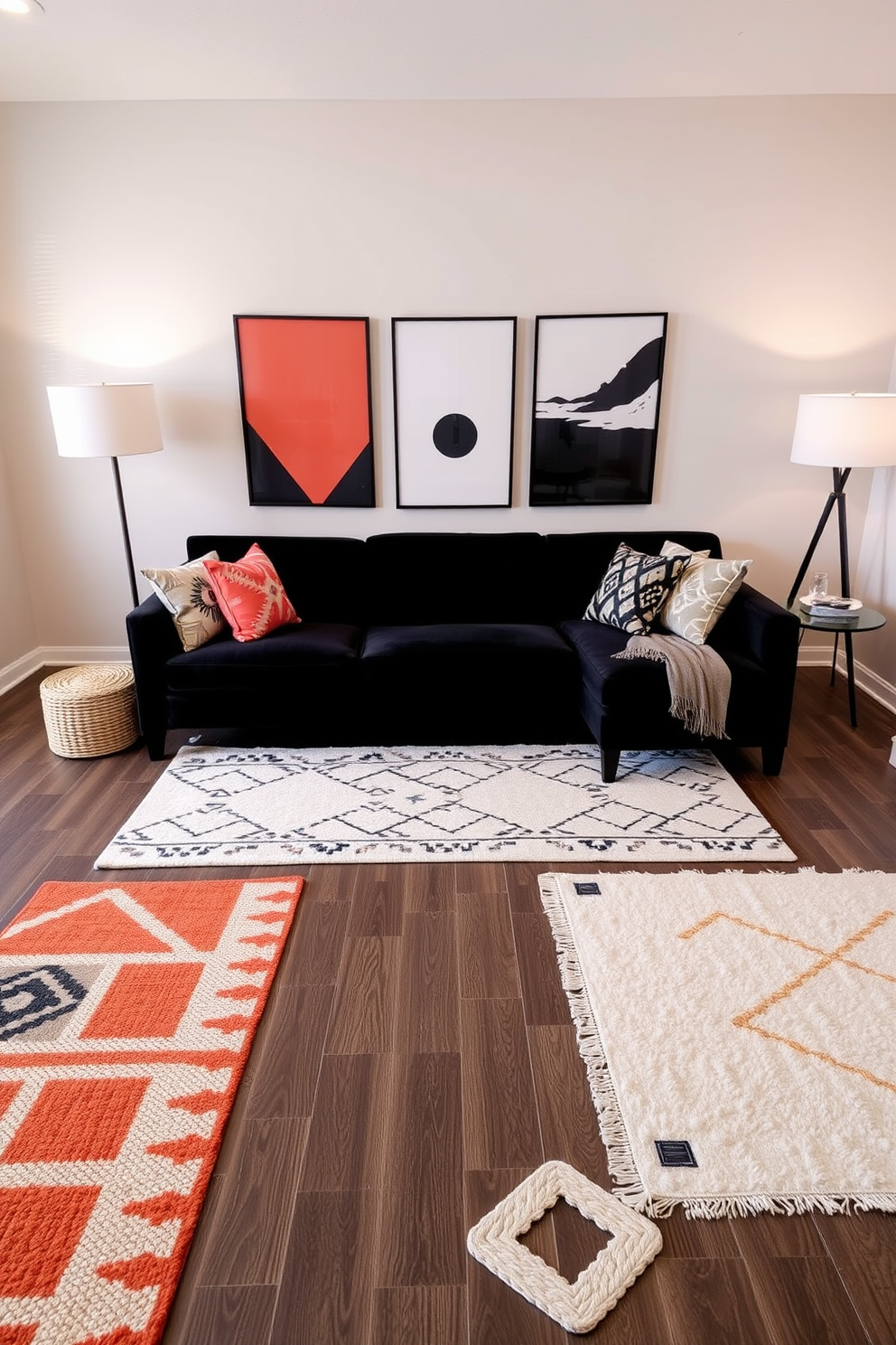 A stylish living room featuring a black couch as the centerpiece. The space is enhanced by geometric rugs that add visual interest and texture to the floor. The walls are painted in a soft neutral tone to complement the dark couch. Various decorative cushions with bold patterns are arranged on the couch for a pop of color.