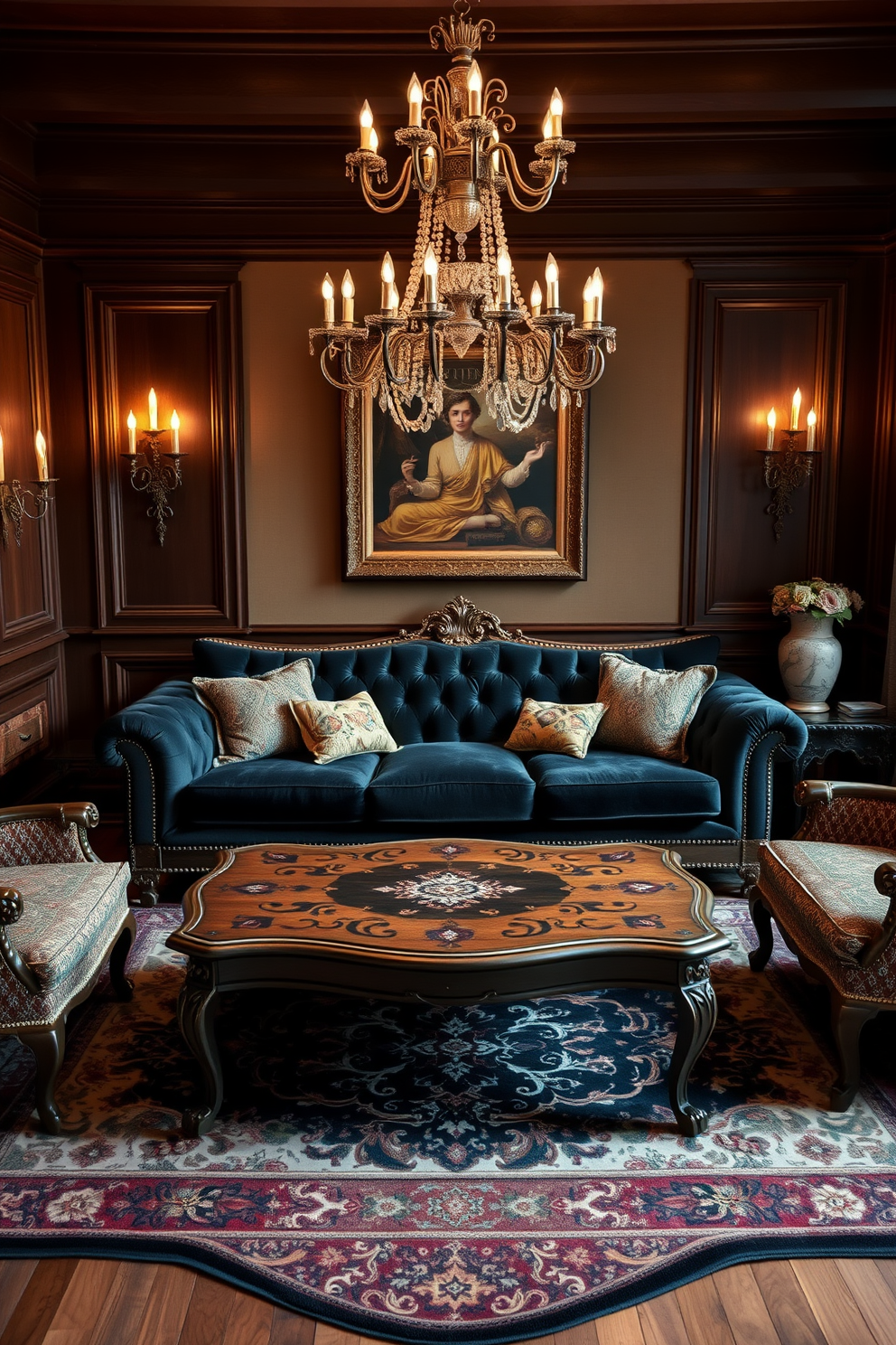 A vintage living room setting exuding classic charm. The focal point is a luxurious black couch adorned with plush cushions, complemented by an ornate wooden coffee table. Rich, warm tones dominate the space, with a vintage area rug anchoring the seating arrangement. Elegant wall sconces and a grand chandelier illuminate the room, enhancing the timeless aesthetic.