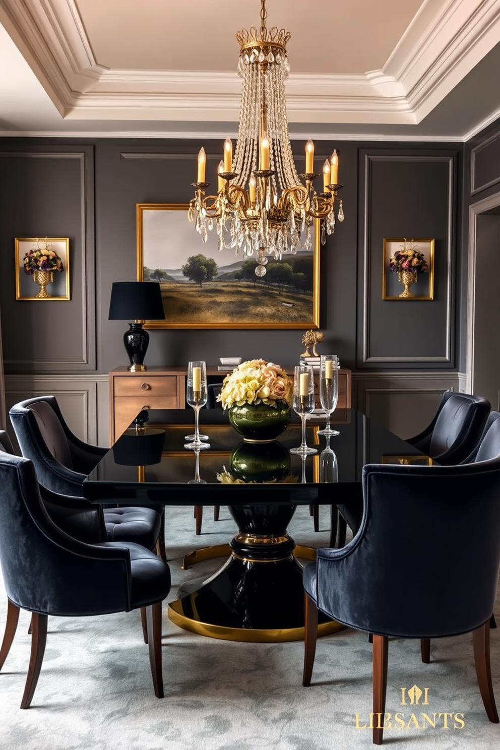 An elegant black dining table with gold accents takes center stage in a chic dining room. Surrounding the table are plush upholstered chairs in a rich velvet fabric, creating a luxurious atmosphere. The walls are adorned with tasteful artwork that complements the color scheme, adding a touch of sophistication. A statement chandelier hangs above the table, casting a warm glow over the space and enhancing the overall elegance.