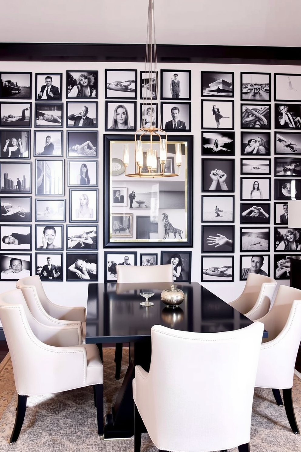 A striking black dining room featuring a sleek metallic chandelier that casts a warm glow over the table. The walls are adorned with black paneling, while the dining table is a polished black surface surrounded by metallic-accented chairs. A large piece of abstract art in shades of black and silver serves as a focal point on one wall. The room is completed with a plush black rug that adds texture and sophistication to the space.