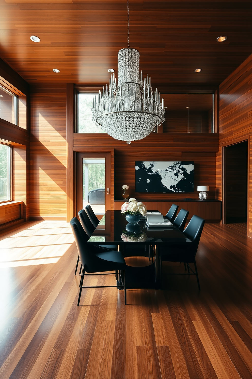 A luxurious black dining room featuring a sleek rectangular table surrounded by plush upholstered chairs. The walls are painted a deep matte black, accented with gold trim that adds elegance to the space. Large potted plants are strategically placed in the corners, bringing a touch of greenery and life to the room. A stunning chandelier hangs above the table, casting a warm glow over the sophisticated setting.