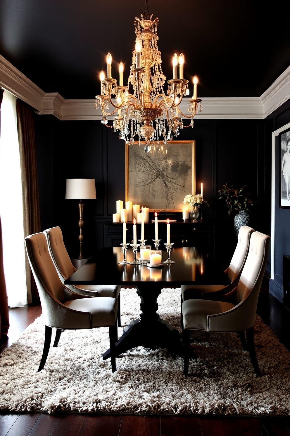 A luxurious dining room featuring a sleek black table set for an elegant dinner. The table is adorned with gold flatware, crystal wine glasses, and a tasteful floral centerpiece. The walls are painted in a deep charcoal hue, providing a dramatic backdrop for the sophisticated decor. Soft ambient lighting from a modern chandelier enhances the opulent atmosphere of the space.