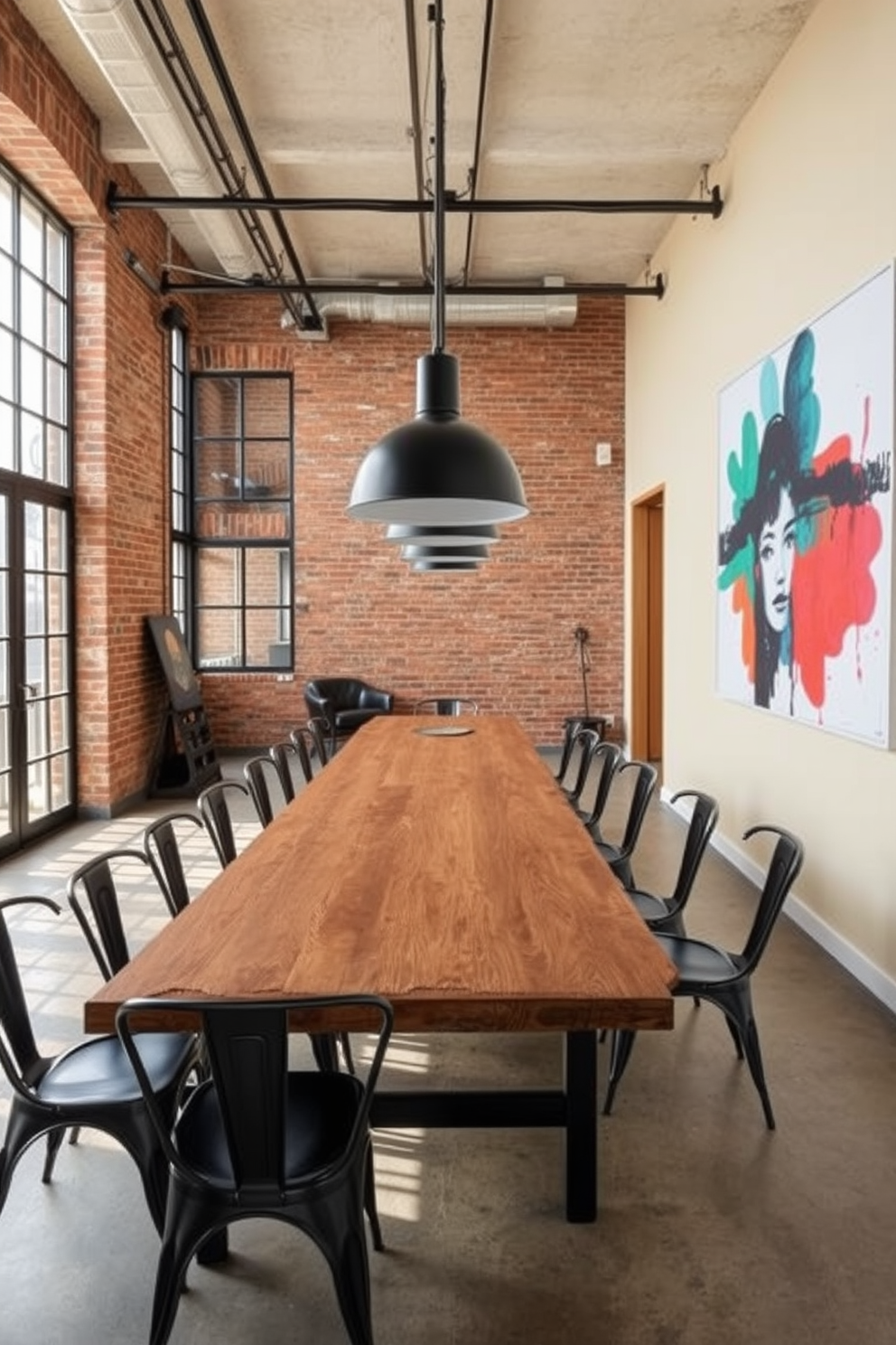 An industrial style dining room featuring black metal details. The space includes a long wooden table surrounded by black metal chairs, with exposed brick walls and large windows allowing natural light to fill the room. Hanging above the table, there are three black metal pendant lights that add a modern touch. The floor is polished concrete, and a large abstract artwork in bold colors hangs on one wall, creating a striking focal point.