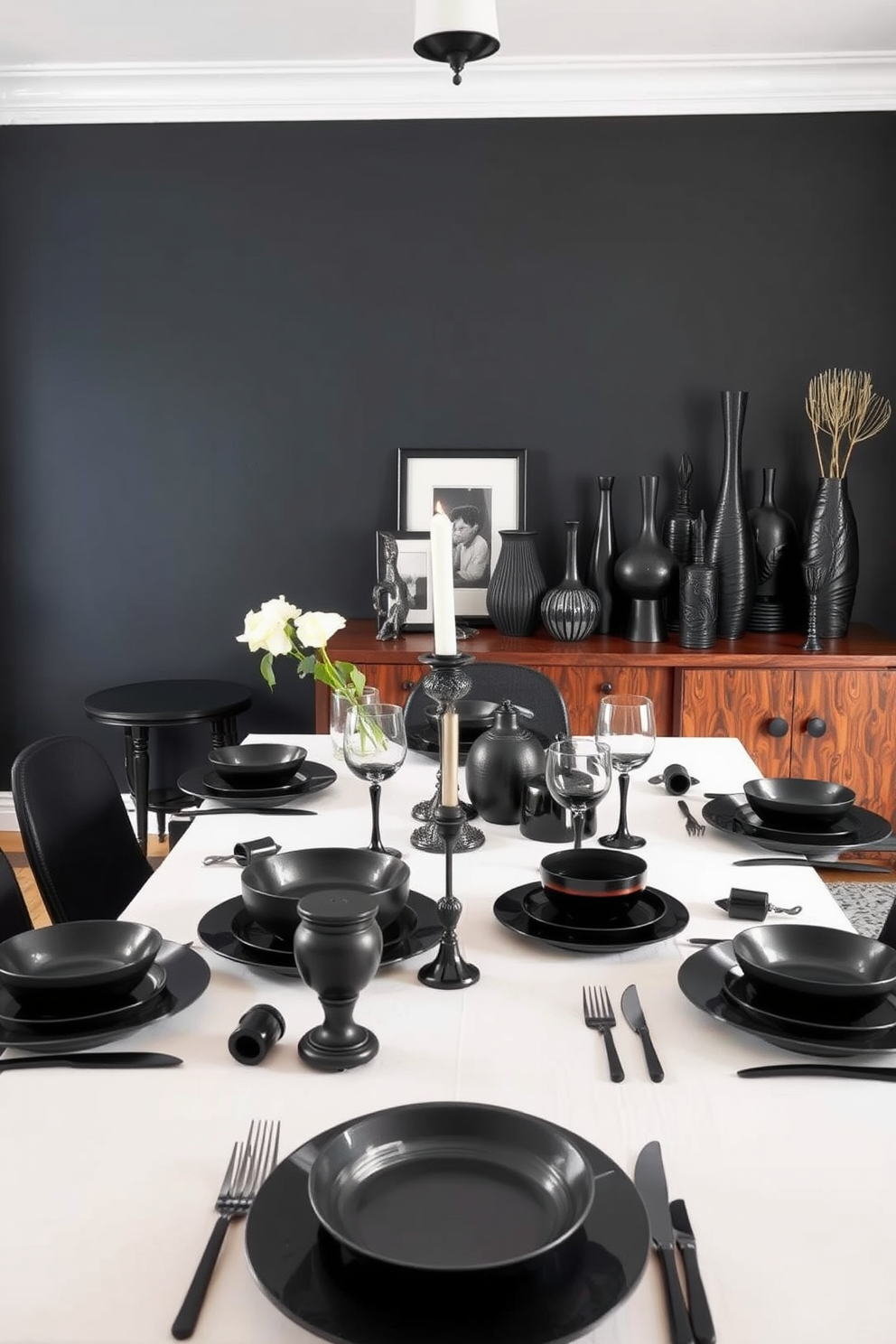 An eclectic dining room setting featuring a mix of black accessories. The table is adorned with various black plates, cutlery, and glassware, creating a striking contrast against a light-colored tablecloth. The walls are painted in a deep charcoal hue, enhancing the boldness of the black decor. A collection of unique black vases and sculptures are displayed on a sideboard, adding character and style to the space.