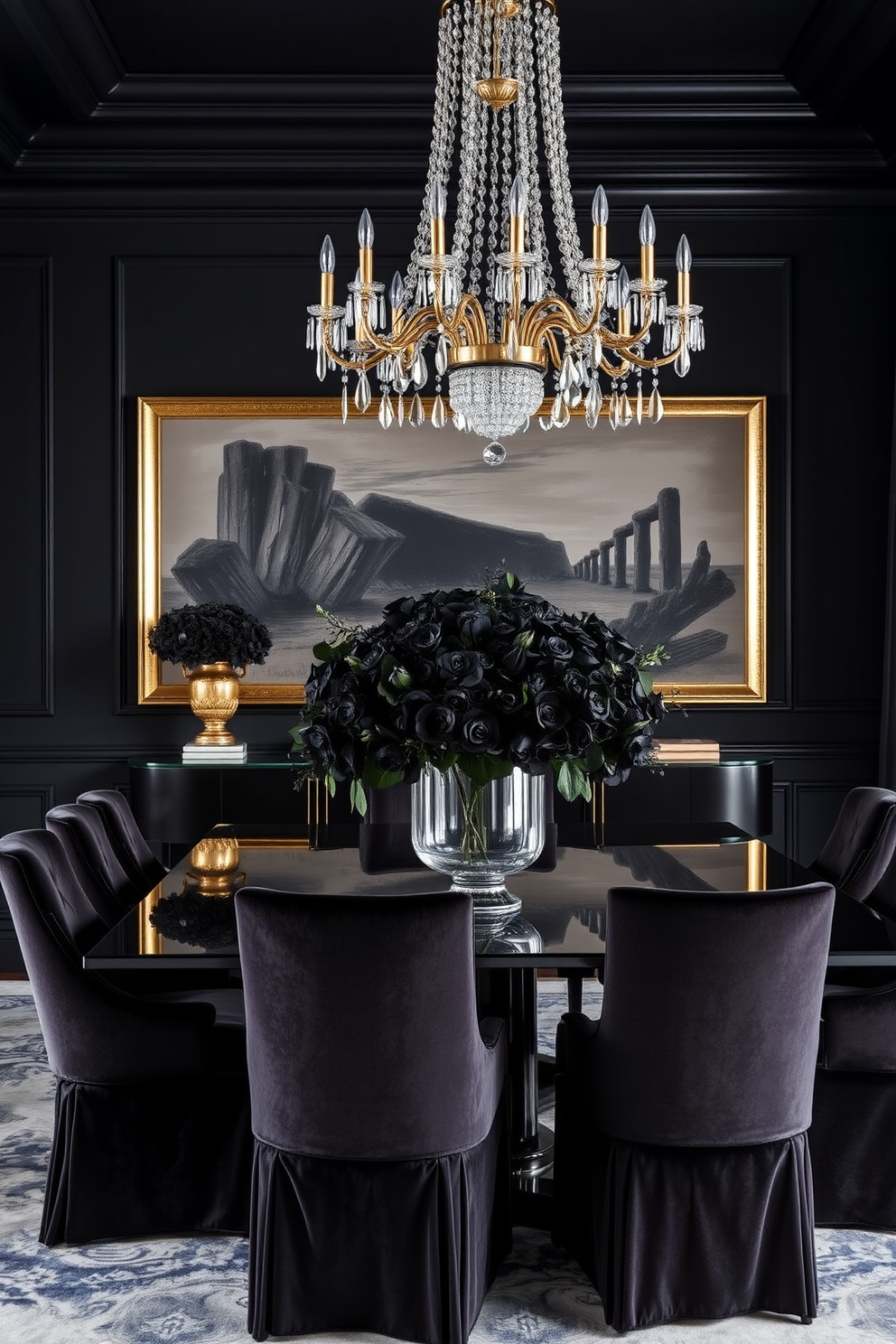 A luxurious dining room featuring dark floral arrangements that add an elegant touch. The walls are painted in a deep charcoal color, complemented by a sleek black dining table surrounded by upholstered chairs in rich velvet. A stunning chandelier hangs above the table, adorned with crystal accents that catch the light beautifully. The centerpiece is a lavish arrangement of dark blooms in a chic vase, enhancing the sophisticated atmosphere of the space.