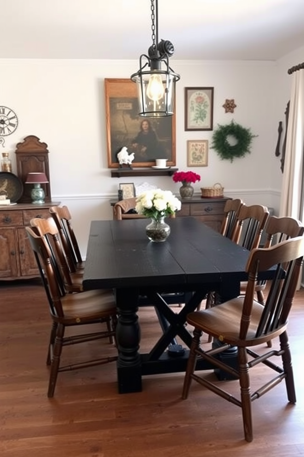 A rustic black table is the centerpiece of the dining room, surrounded by sturdy farmhouse chairs that add a warm and inviting touch. The walls are adorned with vintage decor, and the soft glow of pendant lights creates a cozy atmosphere perfect for family gatherings.