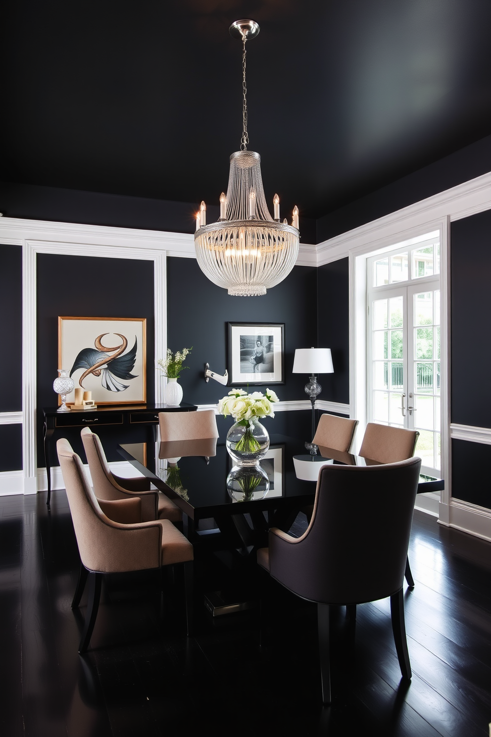 A striking black dining table with elegant gold accents serves as the centerpiece of the room. Surrounding the table are plush velvet chairs in deep jewel tones, adding a touch of luxury to the space. The walls are adorned with rich, dark wallpaper featuring subtle patterns that enhance the ambiance. A large chandelier with gold detailing hangs above the table, casting a warm glow over the dining area.