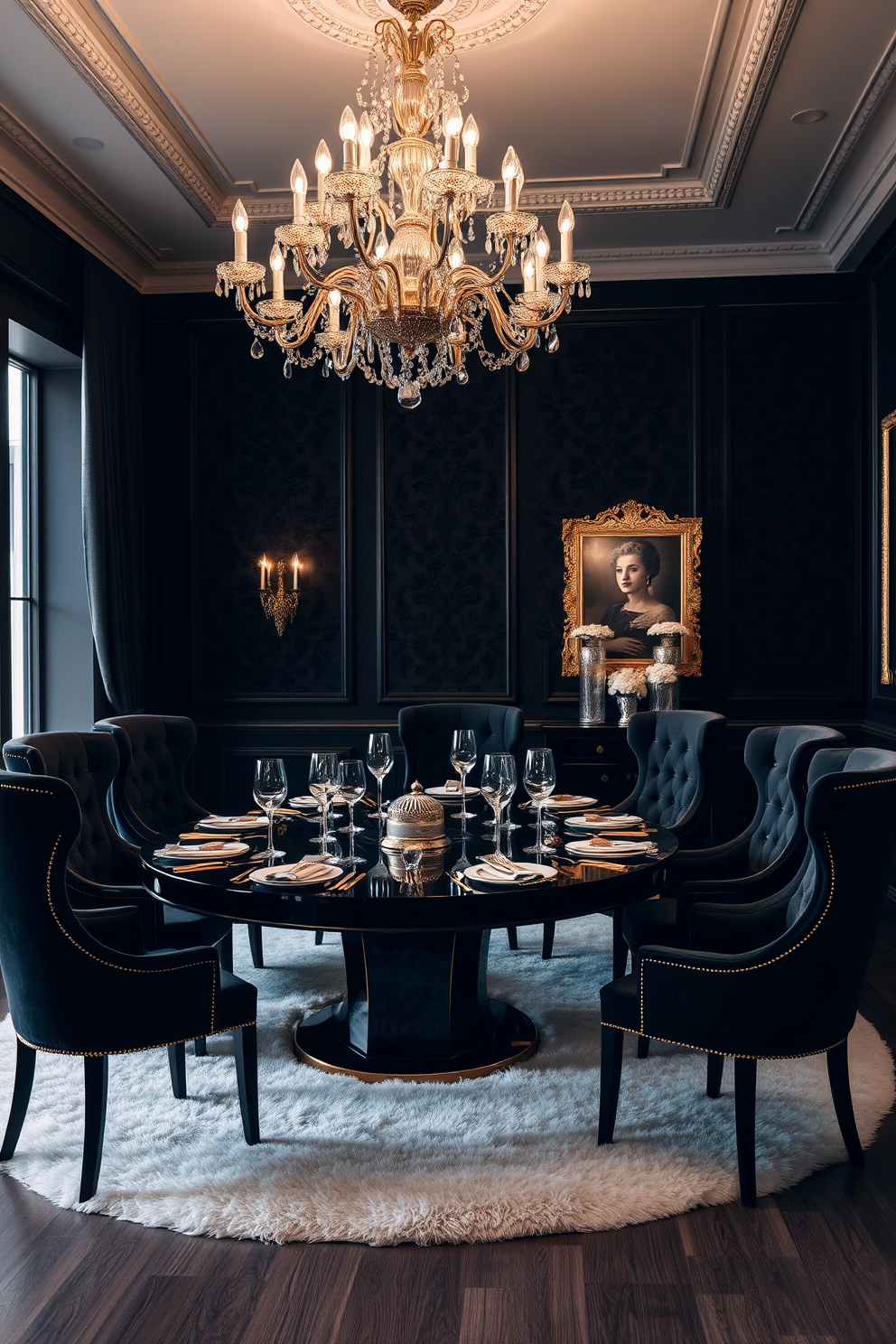 A luxurious dining room featuring an elegant black table set with gold tableware. The walls are adorned with rich black wallpaper and the floor is covered with a plush cream rug. The dining table is surrounded by high-backed chairs upholstered in velvet with gold accents. A stunning chandelier hangs above, casting a warm glow over the sophisticated setting.