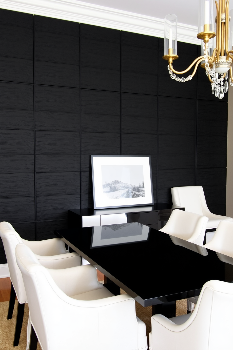 Textured wall panels in deep black create a dramatic backdrop for an elegant dining room. A sleek black dining table is surrounded by plush white upholstered chairs, enhancing the sophisticated ambiance.