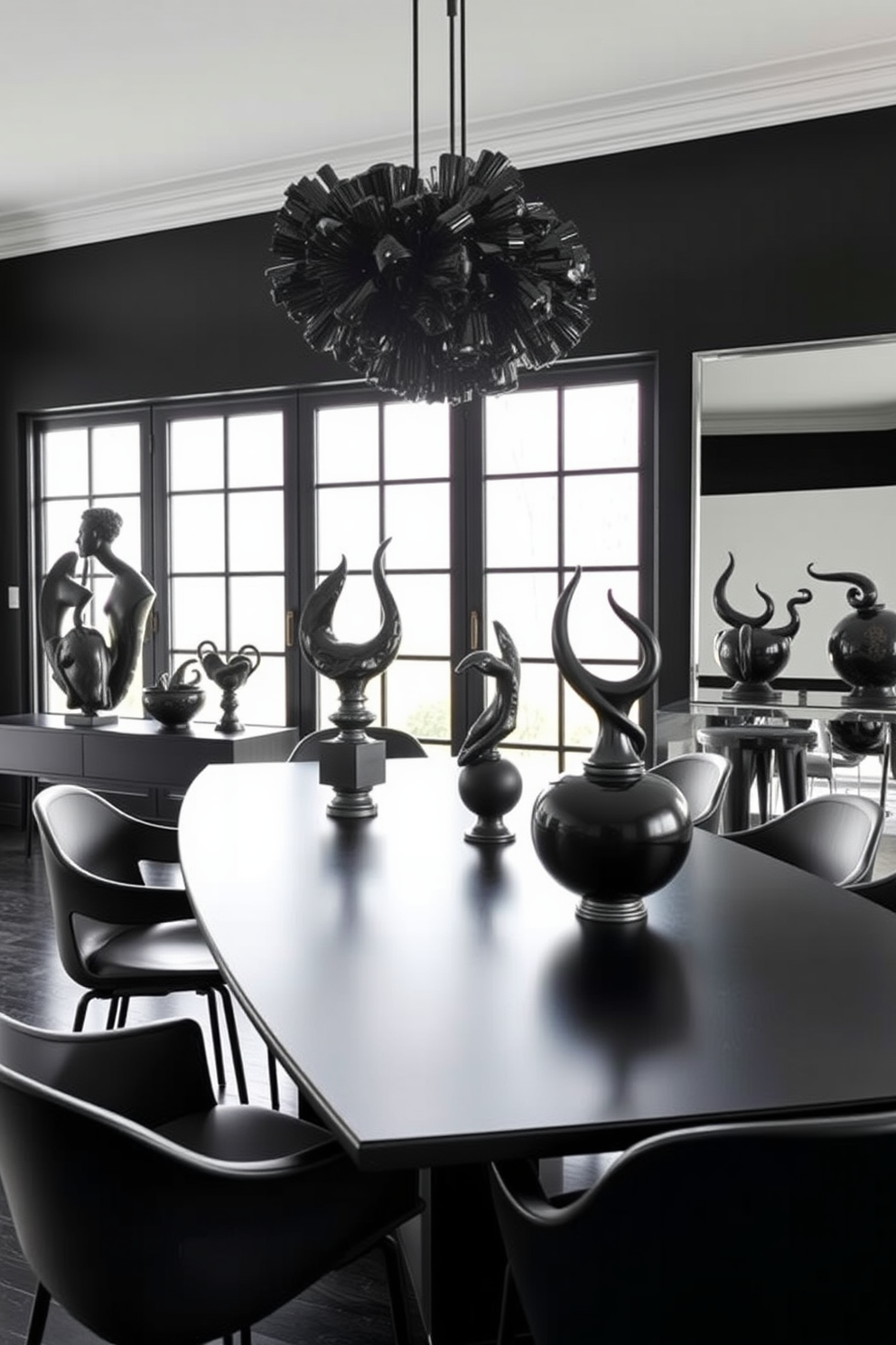 A sleek black dining room featuring a modern rectangular table made of dark wood with elegant metal legs. Above the table, stylish pendant lights with a minimalist design provide a warm glow, enhancing the contemporary atmosphere. The walls are painted in a deep matte black, creating a bold backdrop for the space. Surrounding the table are plush upholstered chairs in a contrasting light color, adding comfort and sophistication to the dining experience.