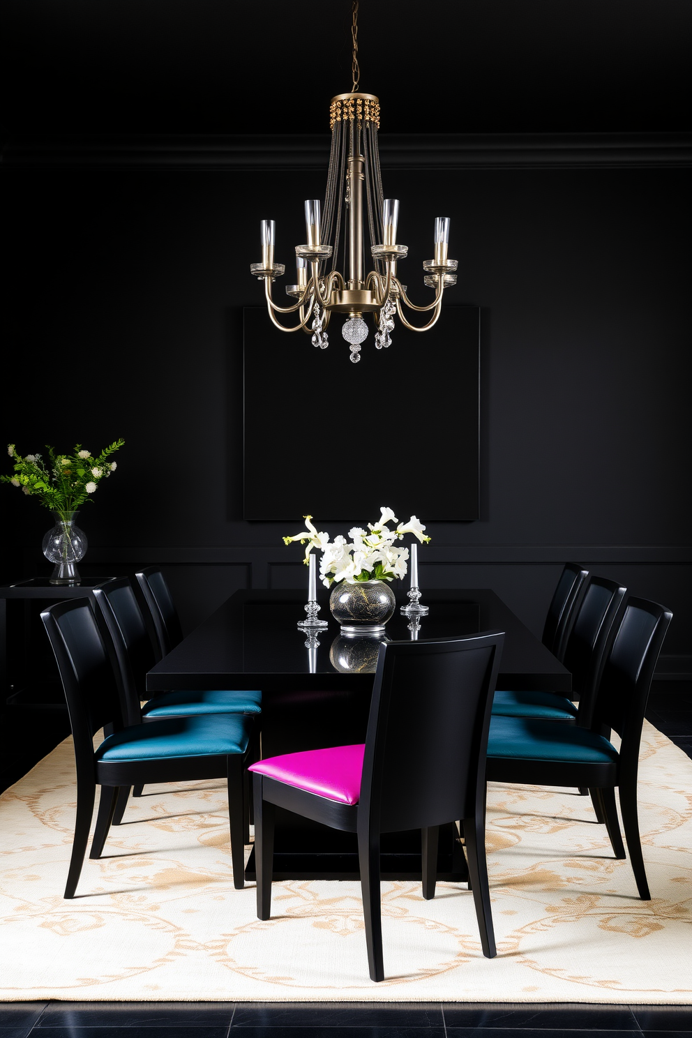 A striking black dining room featuring a sleek rectangular table surrounded by elegant chairs. The chairs are adorned with vibrant colored seat cushions that pop against the dark backdrop. The walls are painted in a deep matte black, creating a dramatic atmosphere. A statement chandelier hangs above the table, adding a touch of sophistication and warmth to the space.