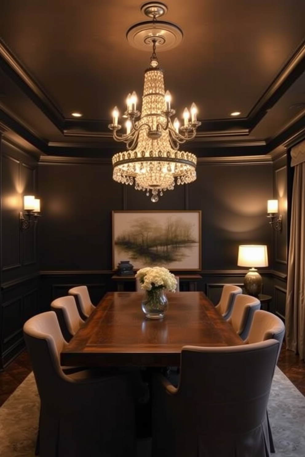 Layered lighting creates a warm and inviting atmosphere in a cozy dining room. The space features a stunning chandelier as the centerpiece, complemented by wall sconces and table lamps that provide ambient lighting. The walls are painted in a deep matte black, enhancing the elegance of the room. A large wooden dining table is surrounded by plush upholstered chairs, creating a sophisticated yet comfortable dining experience.