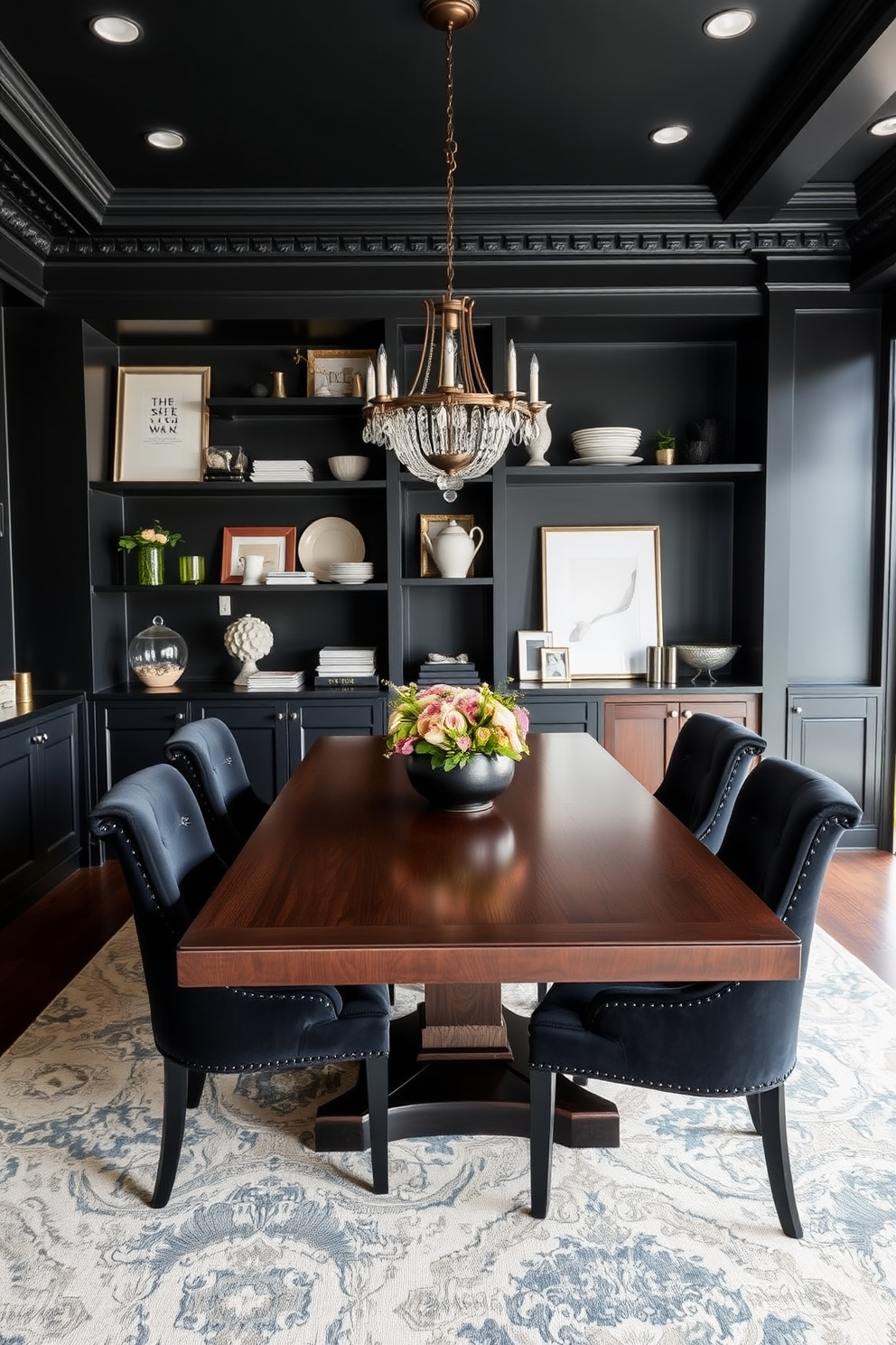 A striking black dining room features an elegant wooden dining table surrounded by plush upholstered chairs. The walls are adorned with open shelving displaying curated decor and stylish dinnerware, creating a sophisticated yet inviting atmosphere.