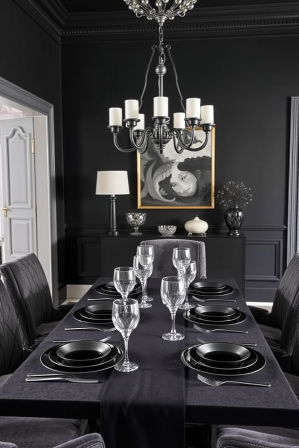 Create a striking dining room featuring an accent wall adorned with black shiplap. The room is illuminated by a modern chandelier that hangs above a sleek wooden dining table surrounded by elegant upholstered chairs. Incorporate bold artwork on the walls that contrasts with the dark shiplap, adding a touch of color and personality. The flooring is a light hardwood, providing a warm balance to the dramatic black accents.