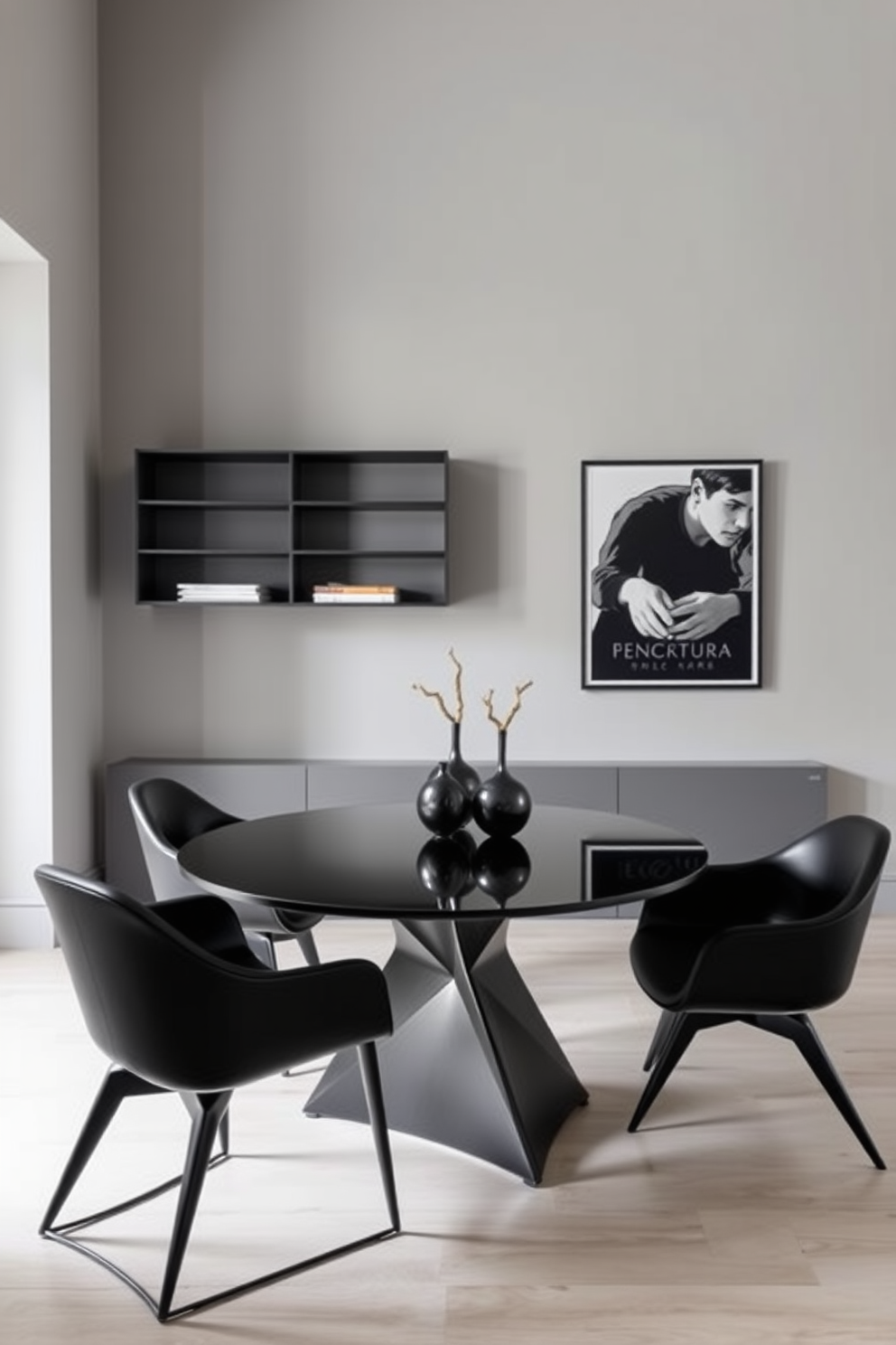 A contemporary black dining room featuring sleek furniture with geometric shapes. The centerpiece is a bold black dining table surrounded by uniquely shaped chairs, all set against a backdrop of soft gray walls.