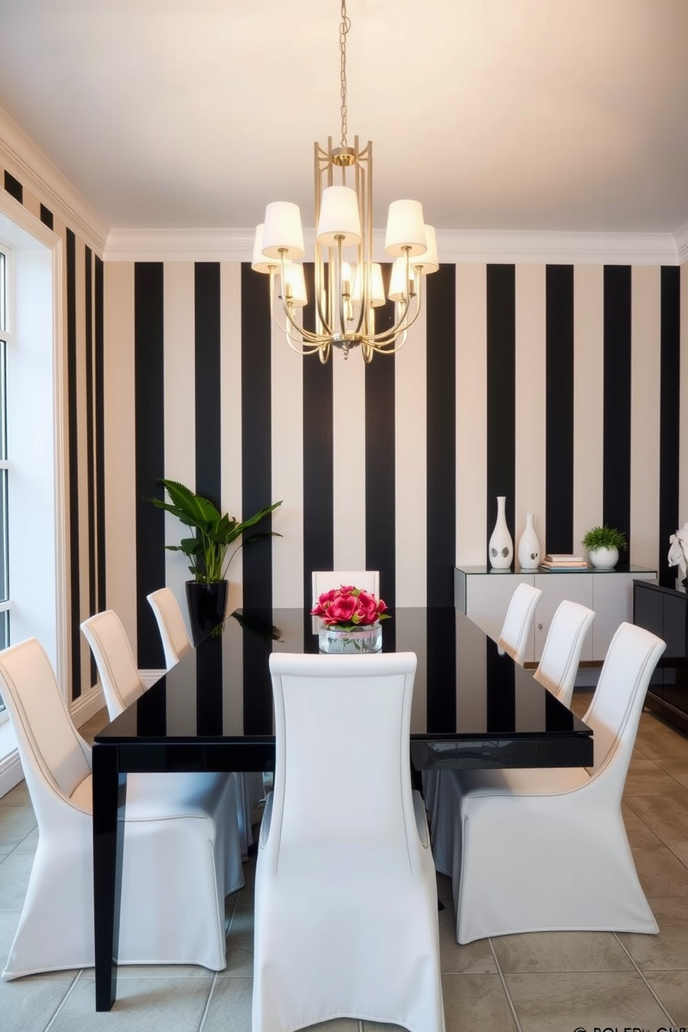 A chic dining room featuring black and white striped wallpaper that adds a bold statement to the space. A large black dining table is surrounded by elegant white chairs, creating a striking contrast that enhances the overall aesthetic. A contemporary chandelier hangs above the table, providing a warm glow that complements the monochromatic theme. The room is accessorized with a sleek sideboard against one wall, adorned with minimalist decor and a few vibrant plants for a touch of color.