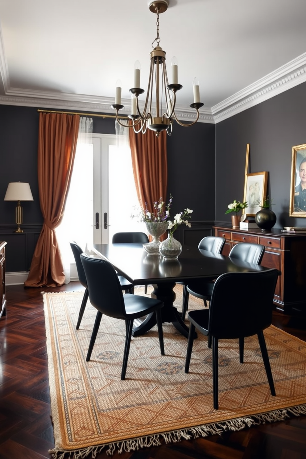 A vintage black dining table with sleek, modern chairs creates an inviting atmosphere. The room features a statement chandelier that blends contemporary design with classic elegance. Dark wood accents complement the black dining pieces, enhancing the overall aesthetic. A textured area rug under the table adds warmth and sophistication to the space.