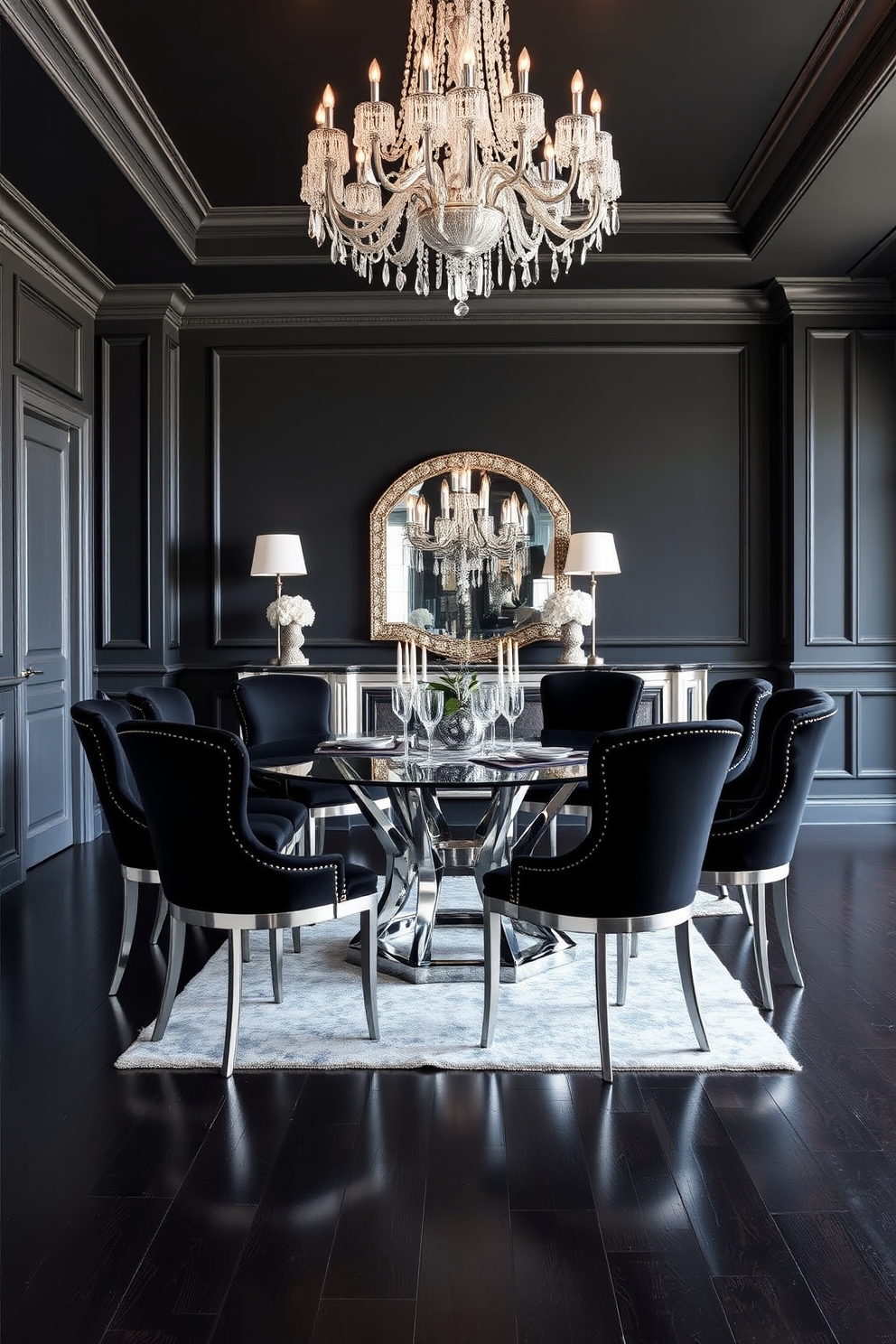 A luxurious dining room featuring textured black wallpaper that adds depth and sophistication to the space. The room is adorned with a sleek black dining table surrounded by elegant upholstered chairs, creating an inviting atmosphere for gatherings. Soft lighting fixtures hang from the ceiling, casting a warm glow over the table. A large piece of abstract art in contrasting colors is displayed on one wall, enhancing the overall aesthetic of the room.