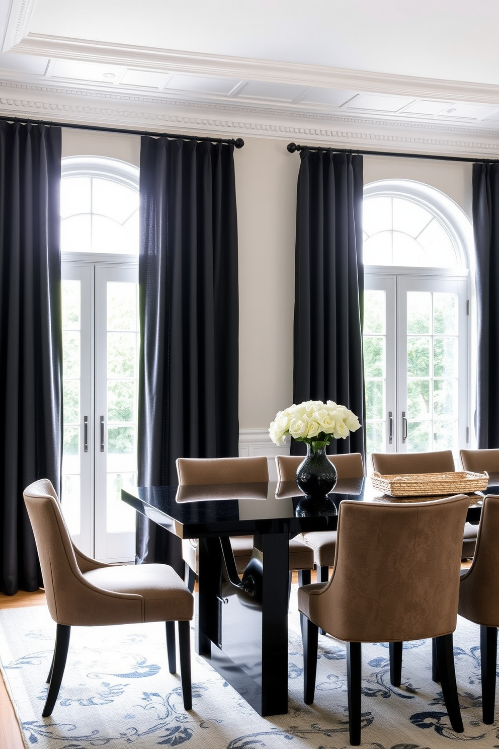 A chic dining room setting featuring bold black curtains elegantly framing the windows. The room is adorned with a sleek black dining table surrounded by plush upholstered chairs, creating a striking contrast against the light-colored walls.