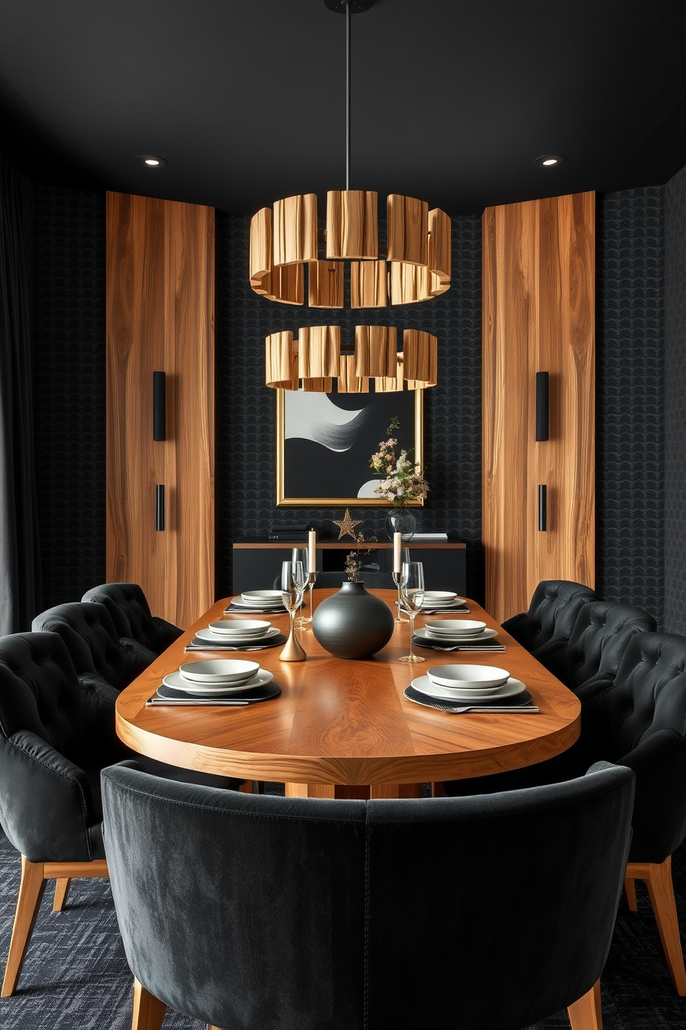 A large statement chandelier in black hangs elegantly from the ceiling, casting a warm glow across the room. The dining room features a sleek black dining table surrounded by plush upholstered chairs, creating a sophisticated atmosphere.