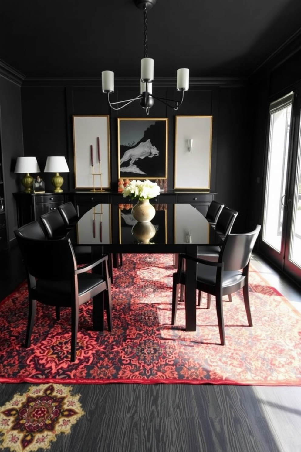 A chic dining room featuring a black dining table with sleek white chairs arranged around it. The walls are adorned with striking black and white artwork, creating a bold contrast that enhances the elegance of the space. A contemporary chandelier hangs above the table, casting a warm glow over the room. Large windows allow natural light to flood in, highlighting the rich textures of the black accents throughout the design.