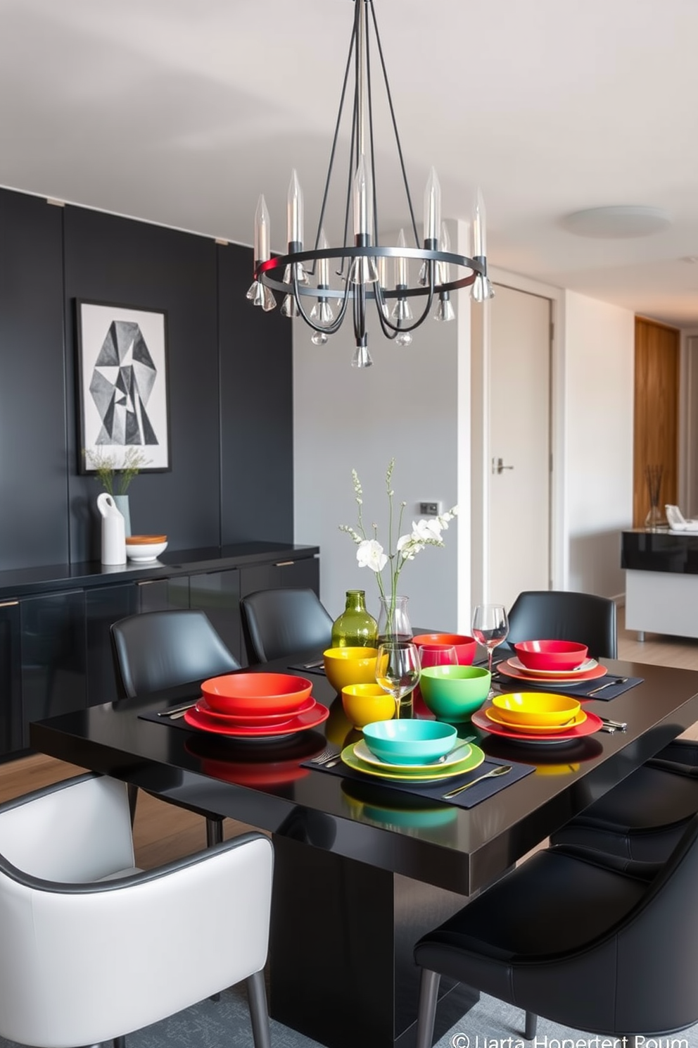 A sleek black dining set is elegantly arranged in a modern dining room. The table is adorned with vibrant, colorful dishes that create a striking contrast against the dark wood. Surrounding the table are stylish chairs that complement the overall aesthetic. A contemporary chandelier hangs above, adding a touch of sophistication to the space.