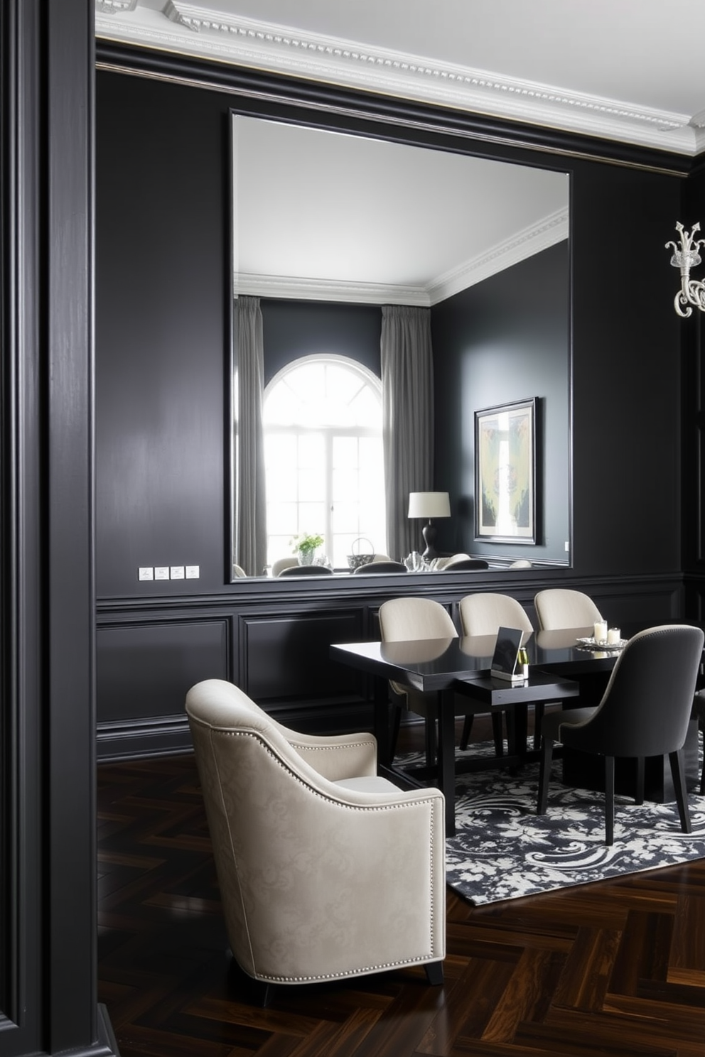 A large mirror dominates the wall, reflecting the light and creating an illusion of spaciousness in the room. The black dining room features an elegant dining table surrounded by plush chairs, enhancing the sophisticated atmosphere.