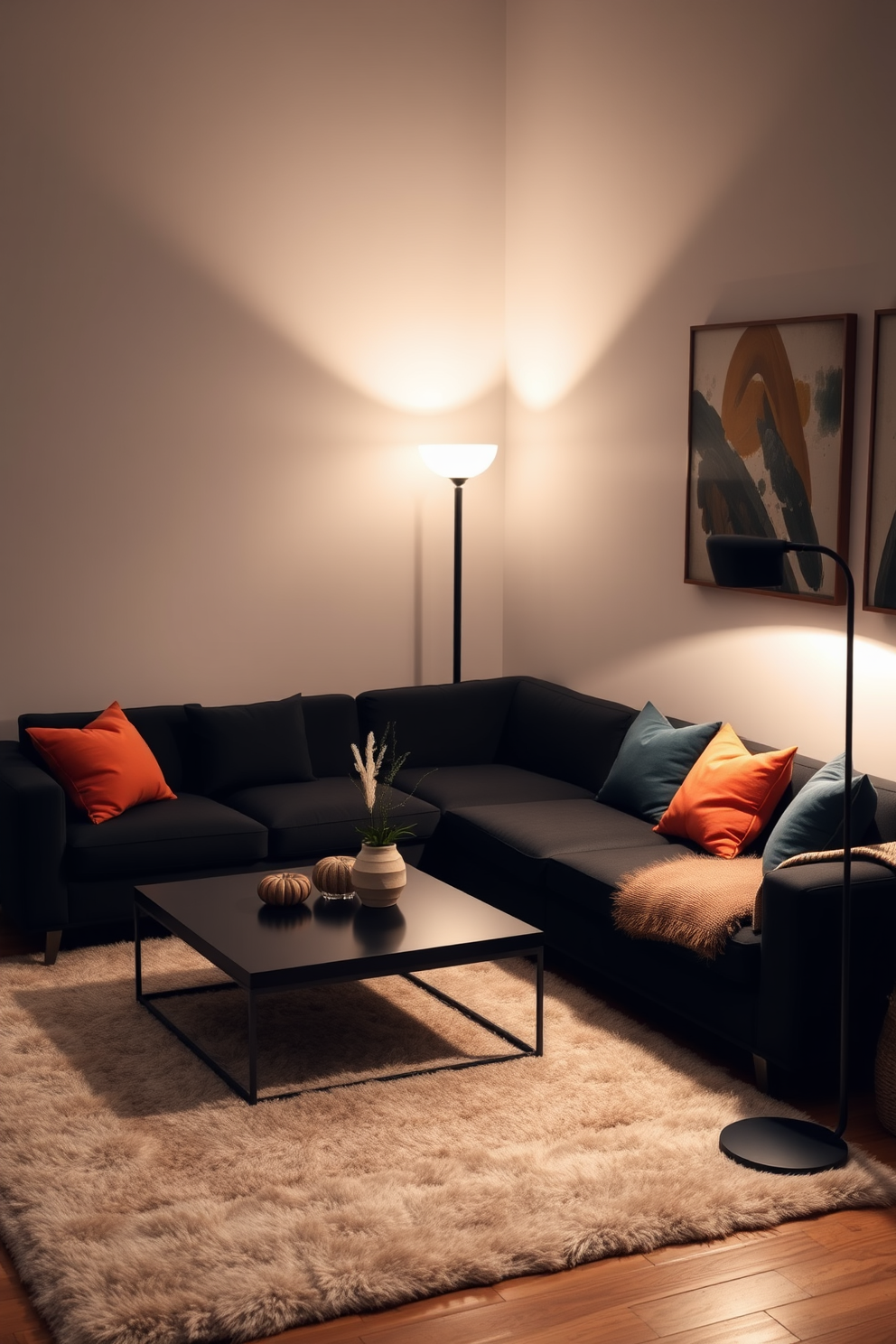 A stylish black floor lamp stands elegantly in the corner of a cozy family room. The warm glow of the lamp enhances the inviting atmosphere, complementing the rich textures of the furniture and decor. The family room features a modern black sectional sofa adorned with colorful throw pillows. A sleek coffee table sits in the center, surrounded by soft area rugs that add warmth to the space.