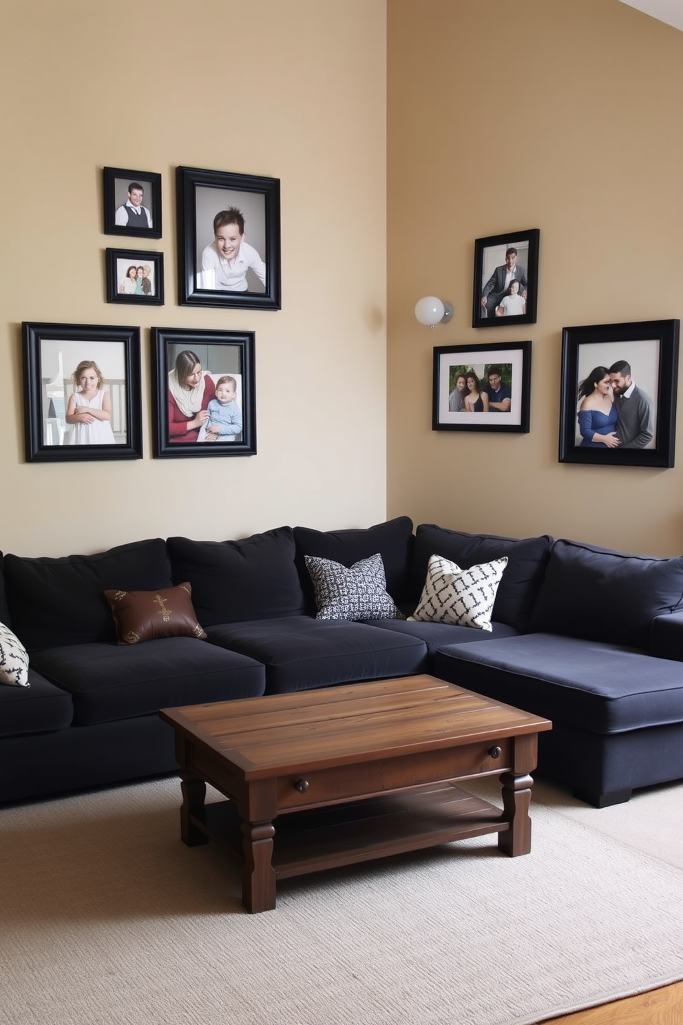 A cozy family room adorned with vintage black frames showcasing cherished family photos. The walls are painted in a warm beige tone, complemented by a plush, dark gray sectional sofa and a rustic wooden coffee table at the center.