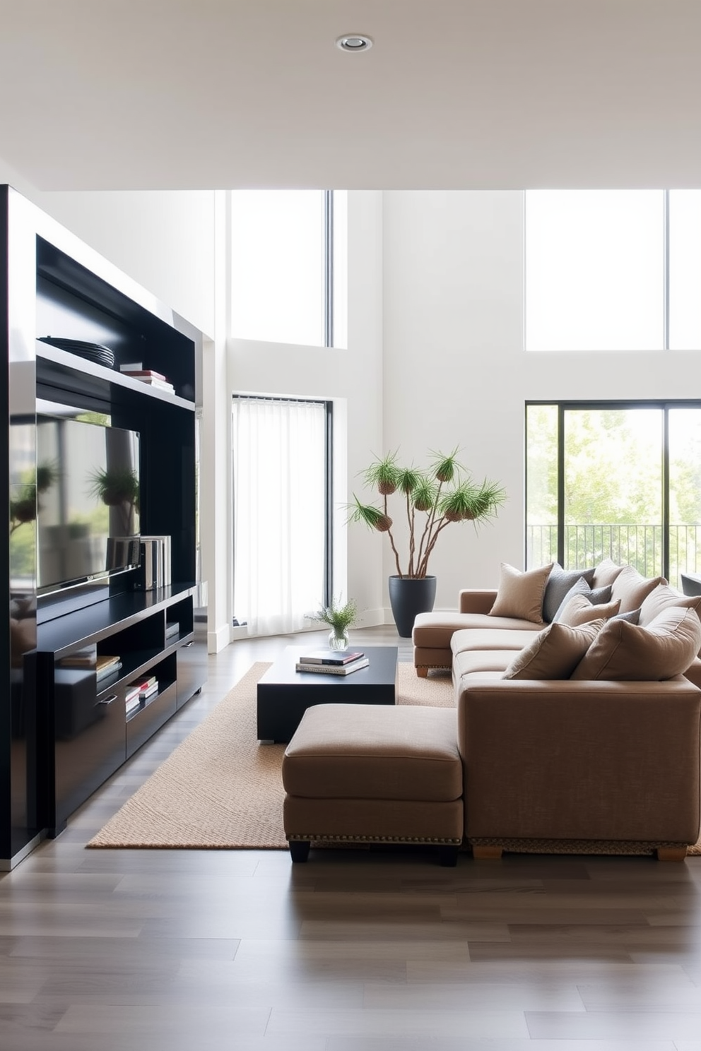 A contemporary black entertainment unit is the focal point of the family room. It features sleek lines and integrated shelving, with a large flat-screen TV mounted above it. The family room is designed with a cozy seating arrangement, including a plush sectional sofa in neutral tones. Large windows allow natural light to flood the space, enhancing the modern aesthetic.