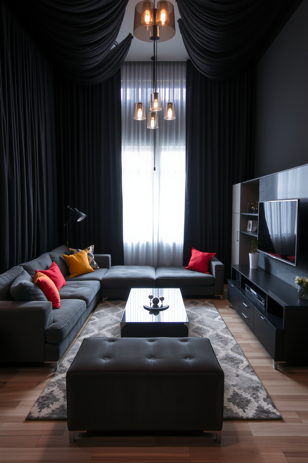 A cozy family room featuring black curtains that create a dramatic effect. The room includes a plush sectional sofa in a deep gray hue, accented with vibrant throw pillows and a large area rug that adds warmth to the space. A sleek entertainment center is positioned against one wall, showcasing a modern television and stylish decor. Soft lighting fixtures are strategically placed to enhance the ambiance, while a coffee table in the center invites relaxation and conversation.