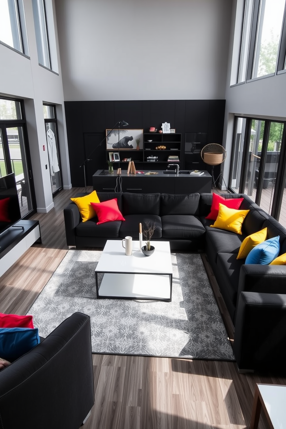 A cozy family room featuring elegant black framed mirrors strategically placed on the walls to enhance the sense of space. The room is adorned with plush seating in neutral tones, complemented by a stylish coffee table and warm lighting for a welcoming atmosphere.