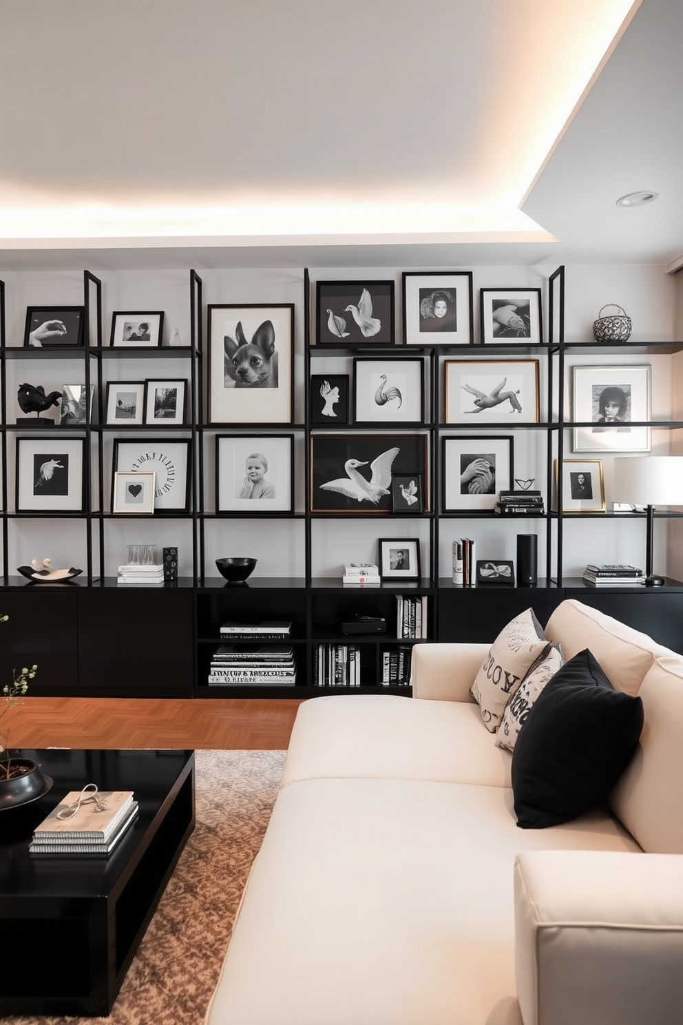 A striking black and white gallery wall display features a variety of framed artwork and photographs arranged in a cohesive layout. The wall is complemented by sleek black shelving that holds decorative items and books, creating a stylish focal point in the room. The family room is designed with a modern aesthetic, incorporating a plush white sectional sofa and a large black coffee table. Soft ambient lighting and a cozy area rug complete the inviting atmosphere, making it the perfect space for relaxation and gatherings.