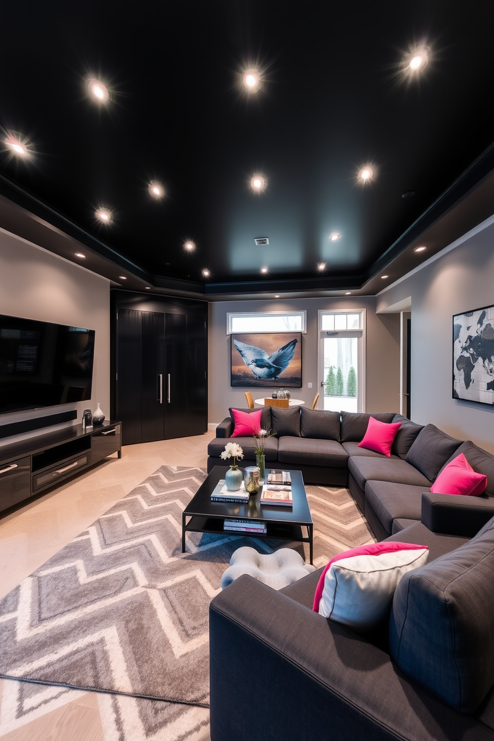 A striking black ceiling adorned with recessed lighting creates a dramatic atmosphere in the family room. The walls are painted in a soft gray tone, complementing the sleek, modern furniture arranged for comfort and style. A plush sectional sofa in deep charcoal provides ample seating, accented by vibrant throw pillows. A large area rug with geometric patterns anchors the space, while a contemporary coffee table sits at the center, showcasing a curated selection of books and decorative items.