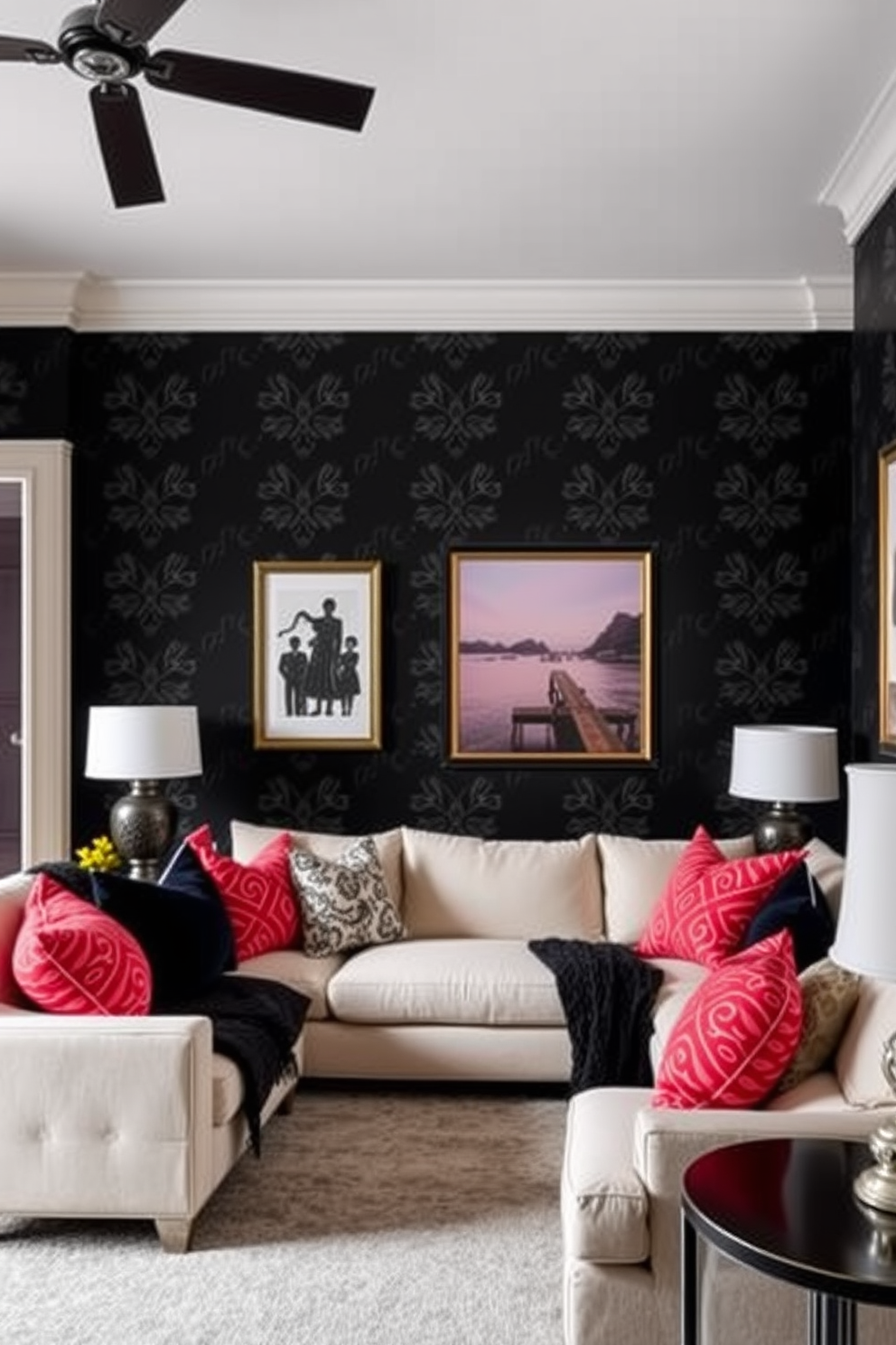 A striking black family room featuring bold black wallpaper adorned with subtle patterns that add depth and sophistication to the space. The room is furnished with a plush sectional sofa in a contrasting light color, complemented by vibrant accent pillows that create a cozy yet stylish atmosphere.