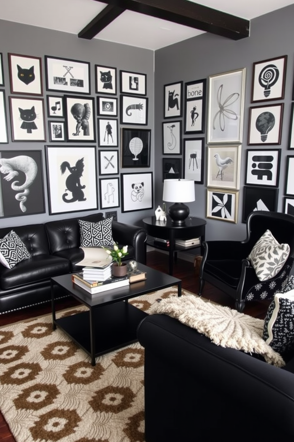 An eclectic family room featuring a diverse mix of black furniture styles creates a bold and inviting atmosphere. The room includes a sleek black leather sofa paired with a vintage black velvet armchair, complemented by a contemporary black coffee table. The walls are adorned with a gallery of black and white artwork, adding personality and depth to the space. A plush area rug with geometric patterns anchors the seating area, while decorative pillows in various textures enhance the comfort and style.